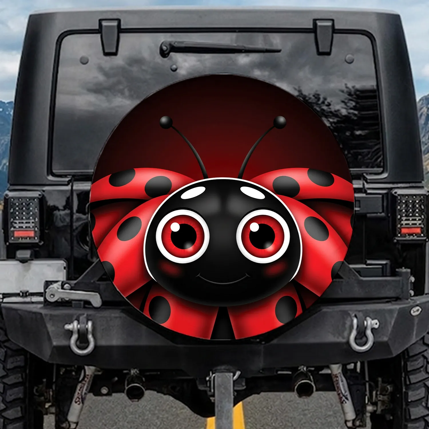 Red Black Garden Ladybug Face Red Eyes Black Spots Antennae - Nature Lover Gift Spare Tire Cover - 1