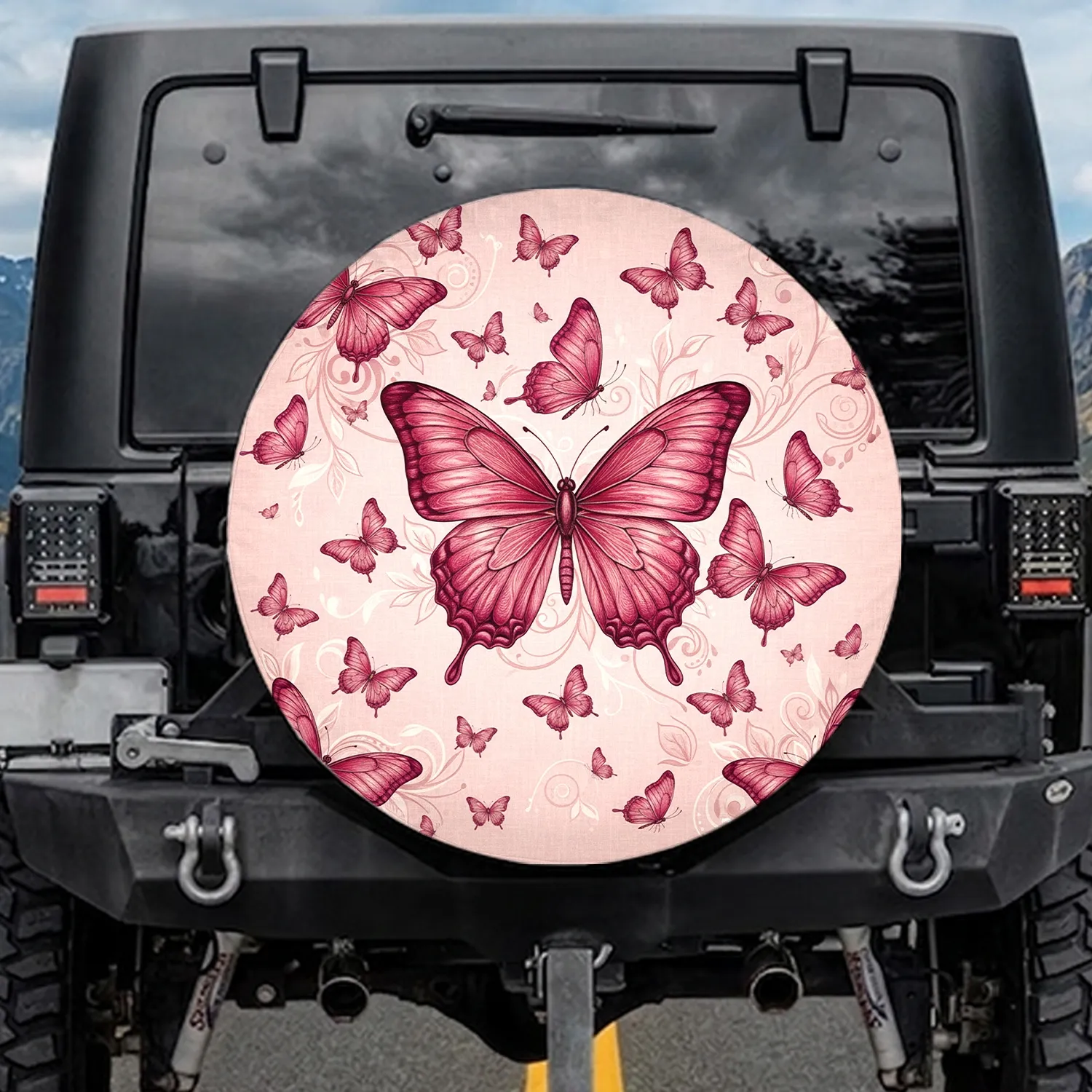 Magenta Rose Pink Butterflies Botanical Flourish - Nature Lover Gift Spare Tire Cover - 1