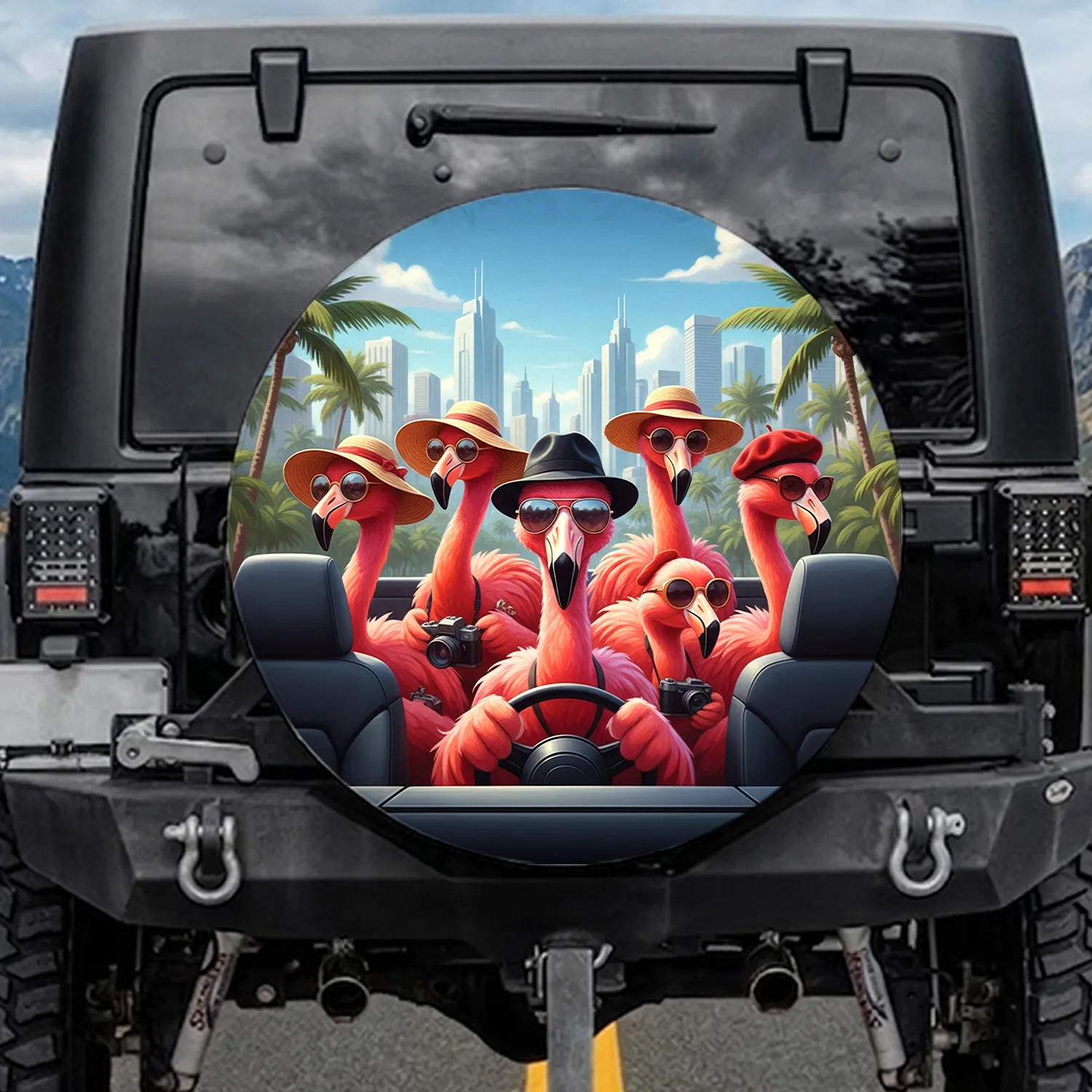Vibrant Flamingos Driving Cityscape - Tropical Travel Gift for Wildlife Lover Spare Tire Cover - 1