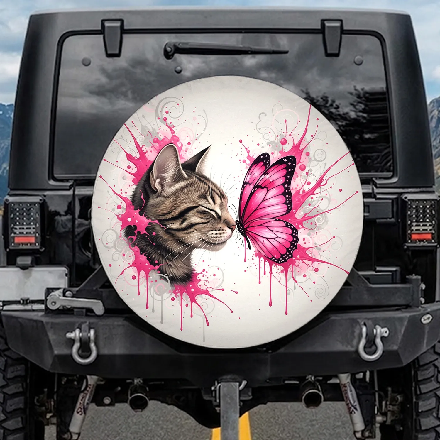 Tabby Cat Hot Pink Butterfly - Nature Lover Gift for Cat Lovers Spare Tire Cover - 1