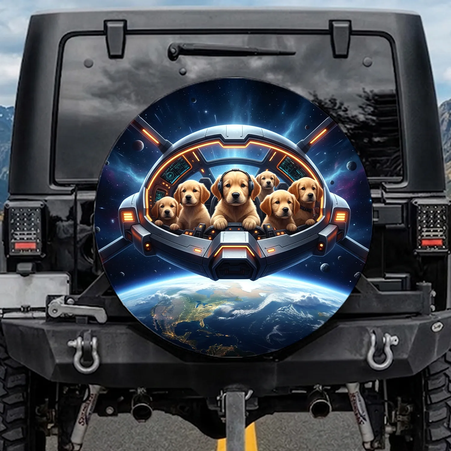 Golden Retriever Puppies Spaceship Earth - Dog Lover Gift for Space Enthusiasts Spare Tire Cover - 1