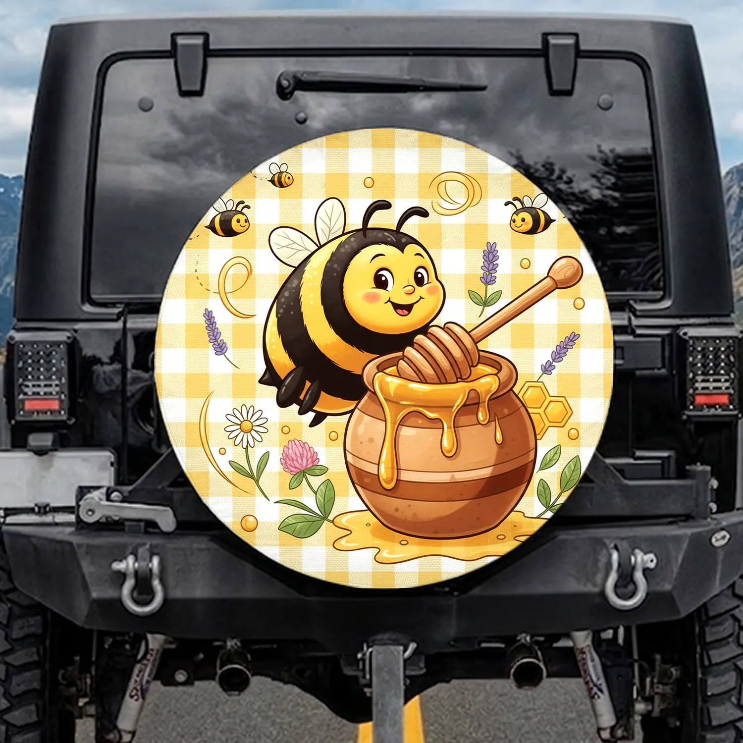 Happy Bumblebee Honey Pot Meadow Flowers Gingham - Everyday Use for Bee Lover Spare Tire Cover - 1