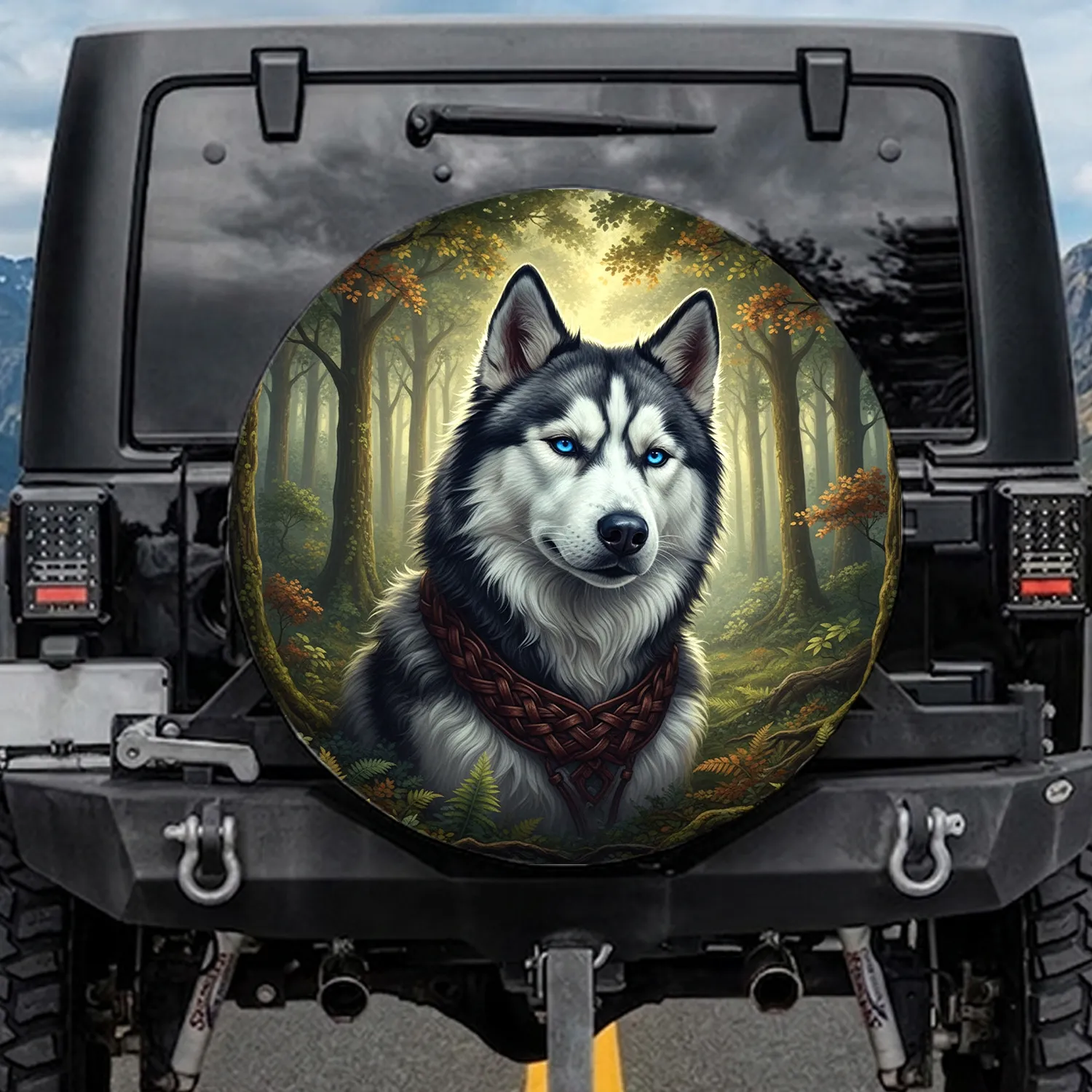 Siberian Husky Blue Eyes Braided Collar Forest - Wildlife Lover Dog Owner Gift Spare Tire Cover - 1