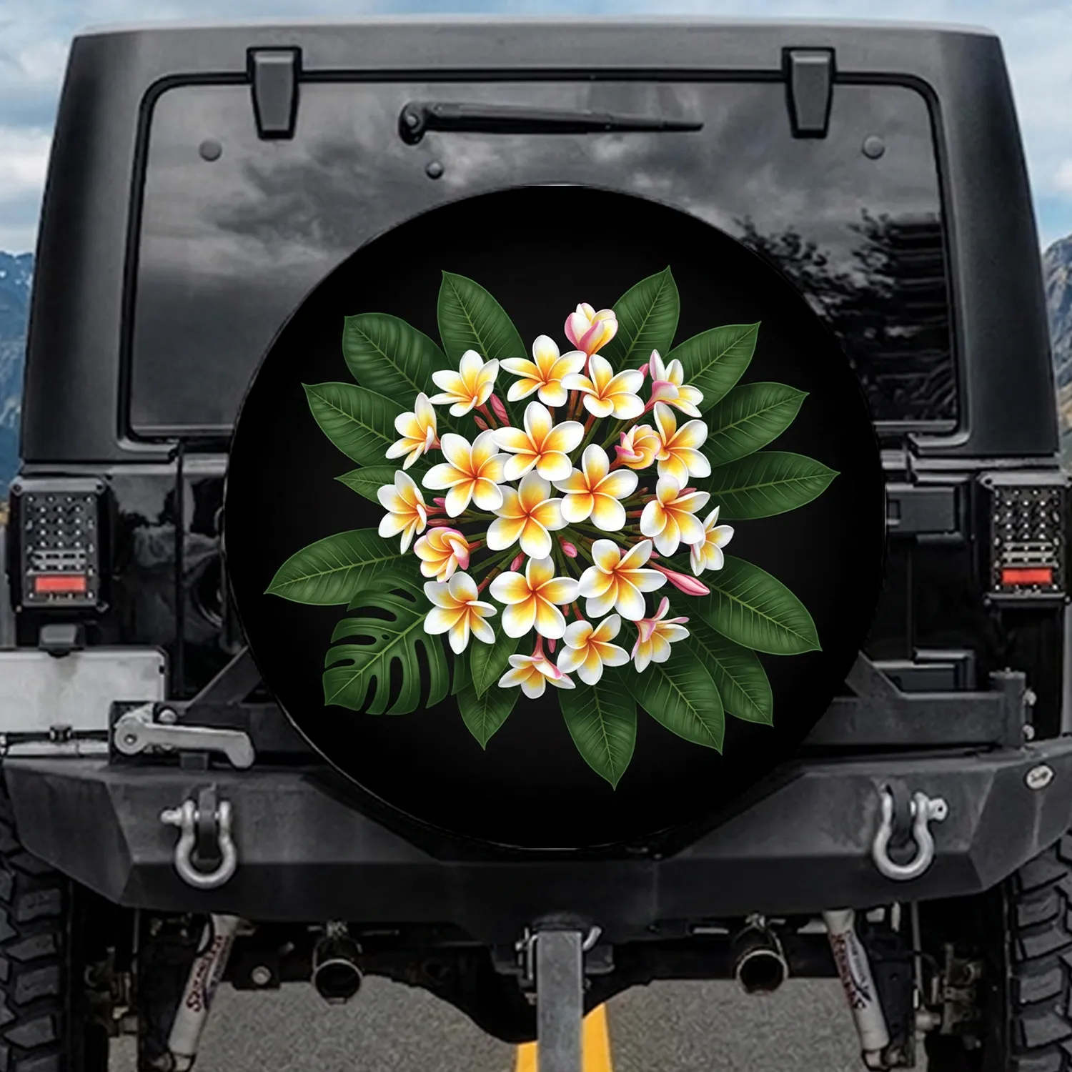 Deep Black Blooming Plumeria Frangipani Flowers Tropical Leaves - Tropical Car Accessory Spare Tire Cover - 1