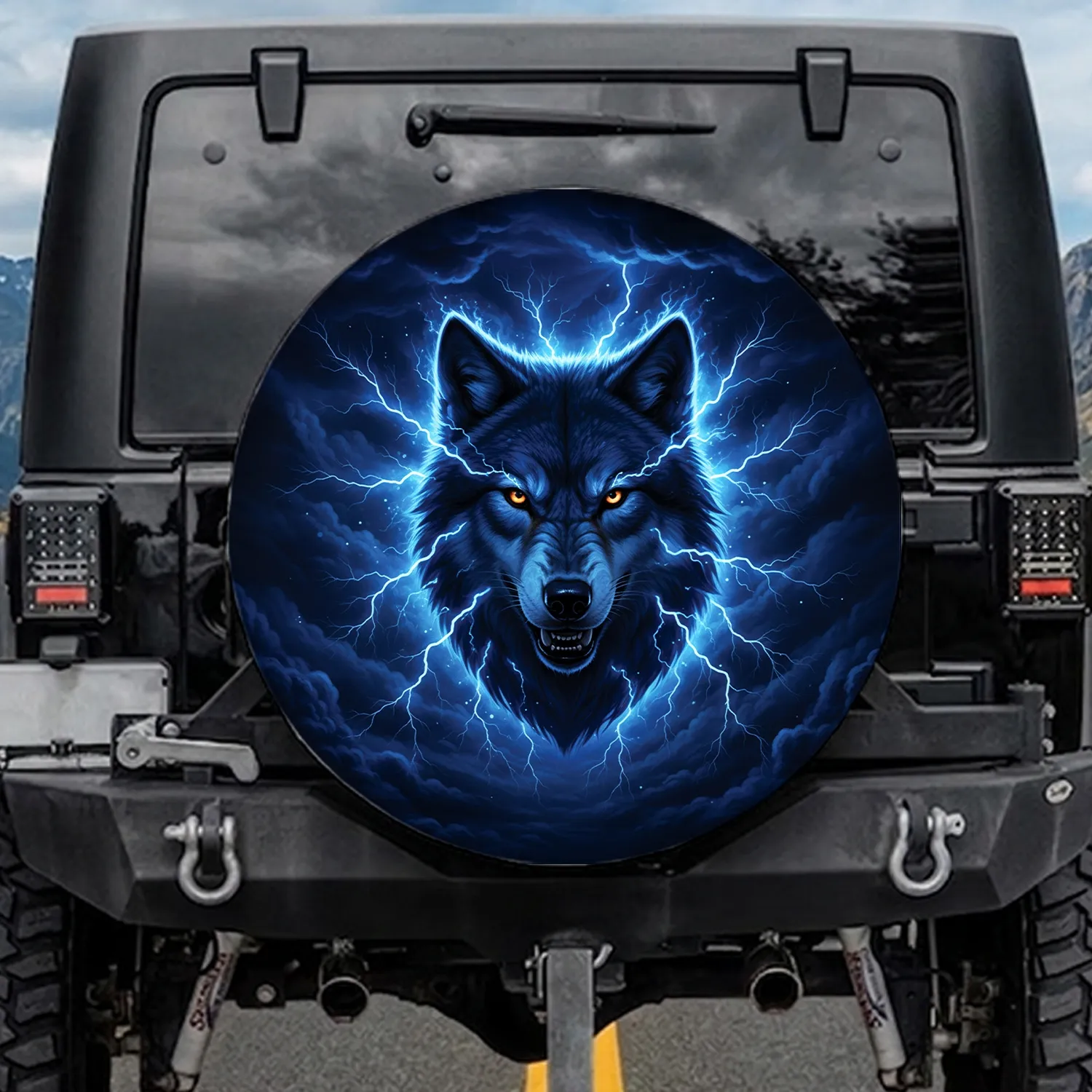 Majestic Snarling Wolf Electric Blue Lightning Storm Clouds - Outdoor Adventure Gift Spare Tire Cover - 1