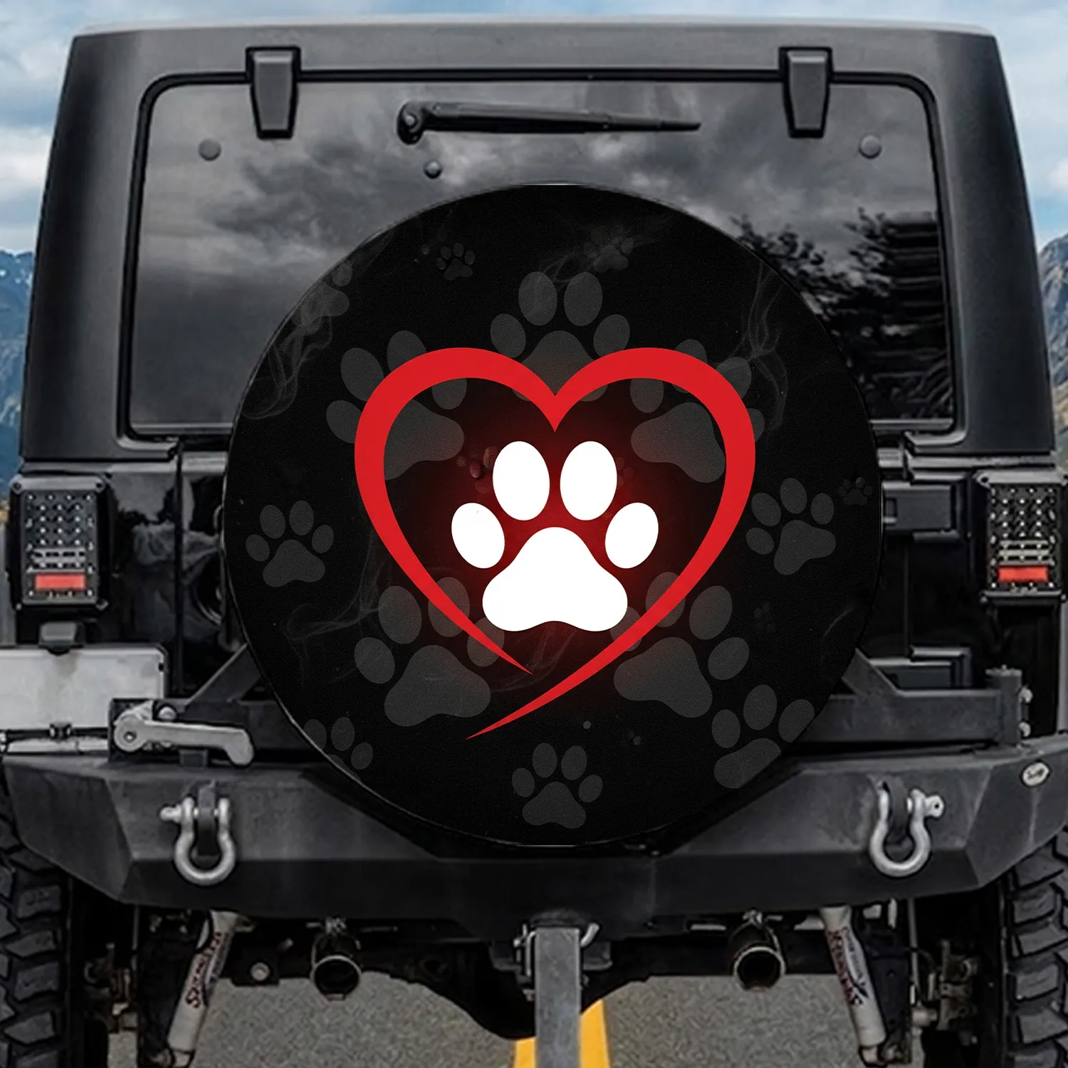 Bold White Paw Print Red Heart - Pet Lover Everyday Travel Gift Spare Tire Cover - 1