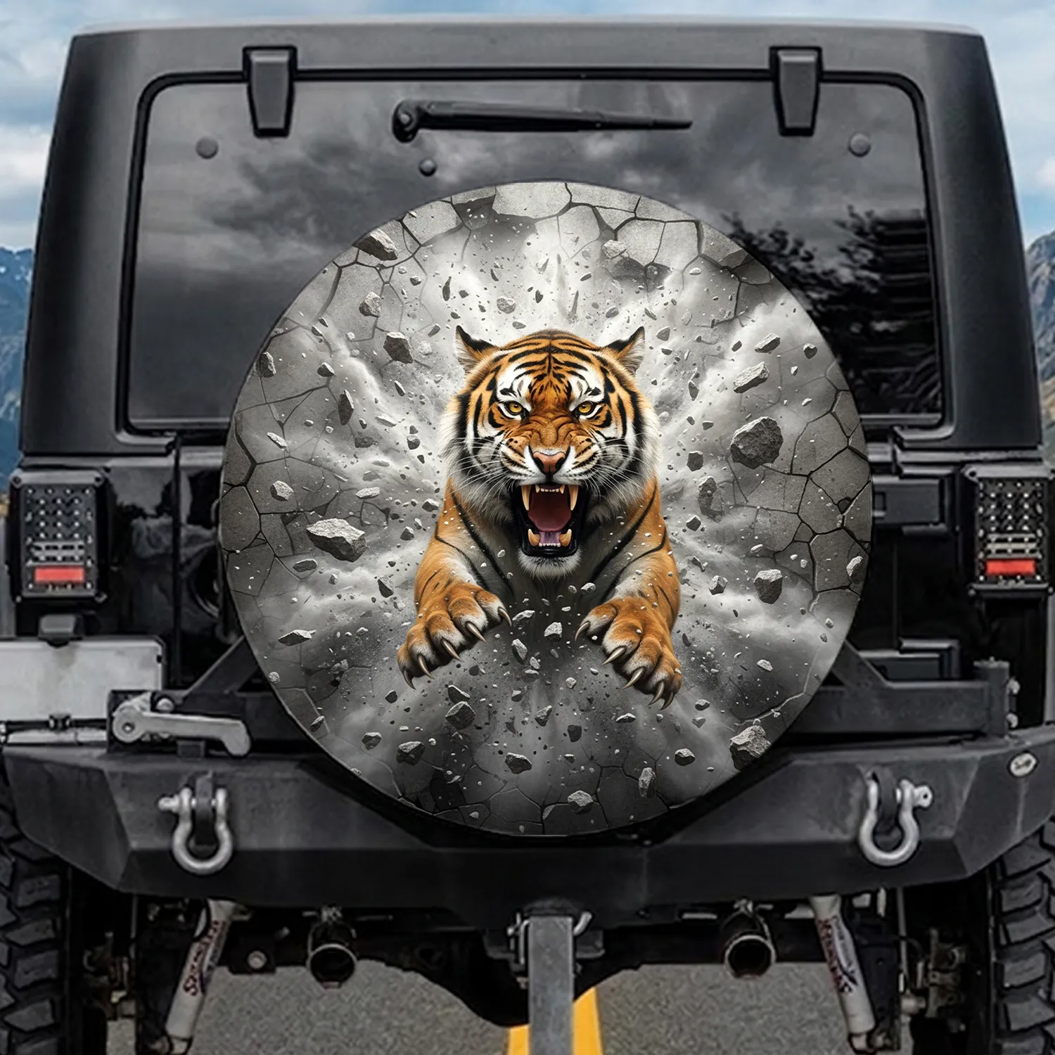 Roaring Bengal Tiger Bared Fangs Golden Eyes Shattered Stone Structure - Wildlife Lover Gift Spare Tire Cover - 1