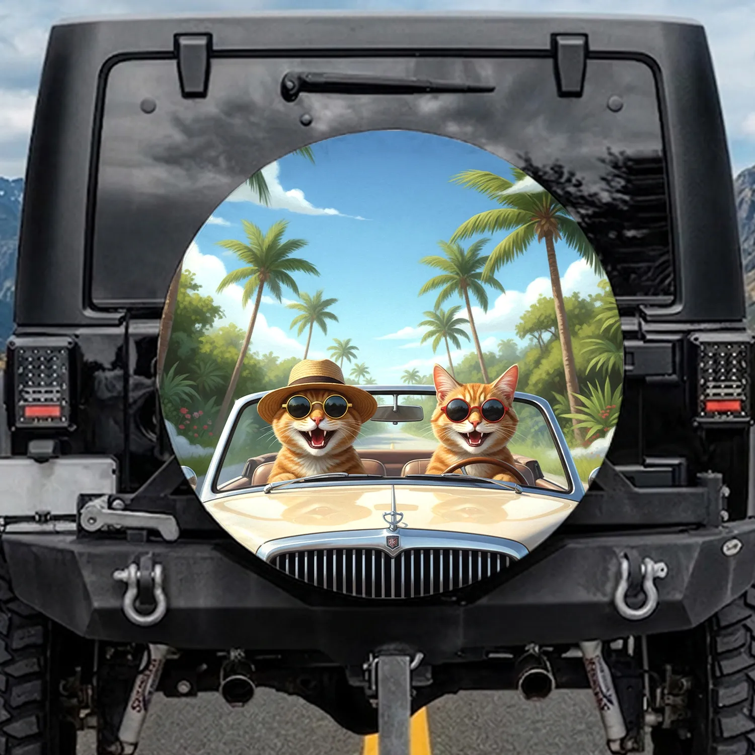 Happy Tabby Cats Classic Convertible Drive - Tropical Summer Road Trip Gift Spare Tire Cover - 1