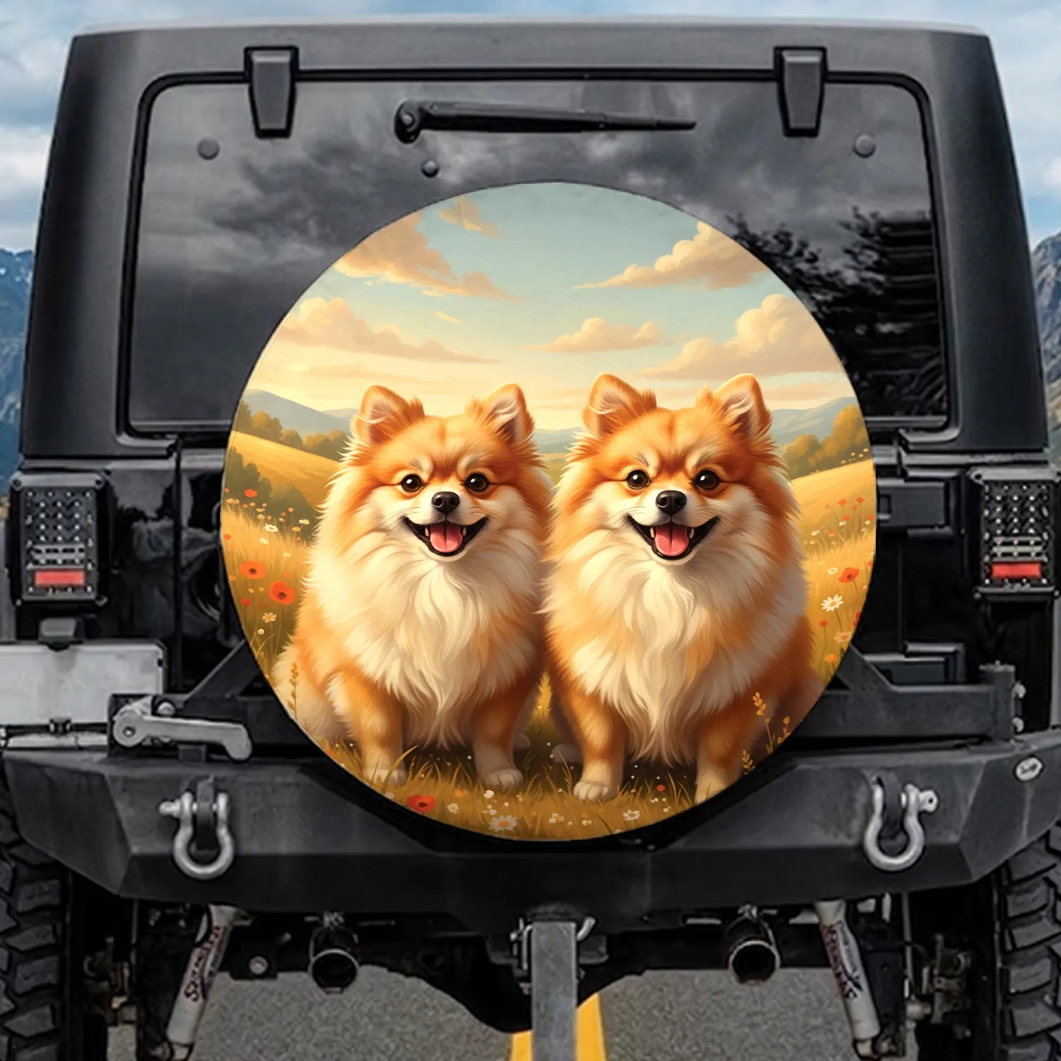 Fluffy Pomeranian Dogs Expressive Eyes Wildflower Hills Sky - Outdoor Adventure Gift Spare Tire Cover - 1