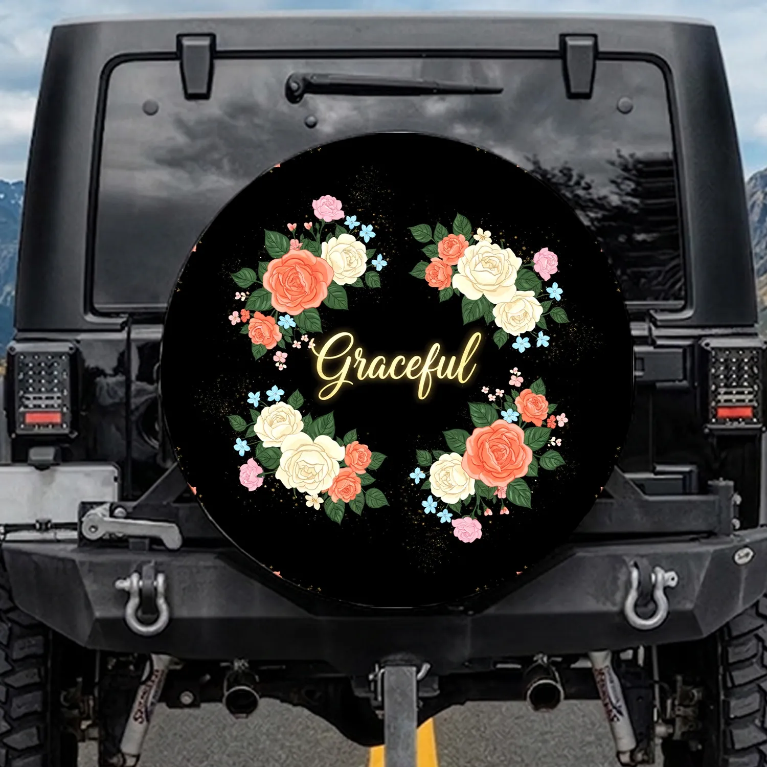 Graceful Gold Script Rose Floral Garland Black Background Golden Sparkles - Home Decor Gift Spare Tire Cover - 1