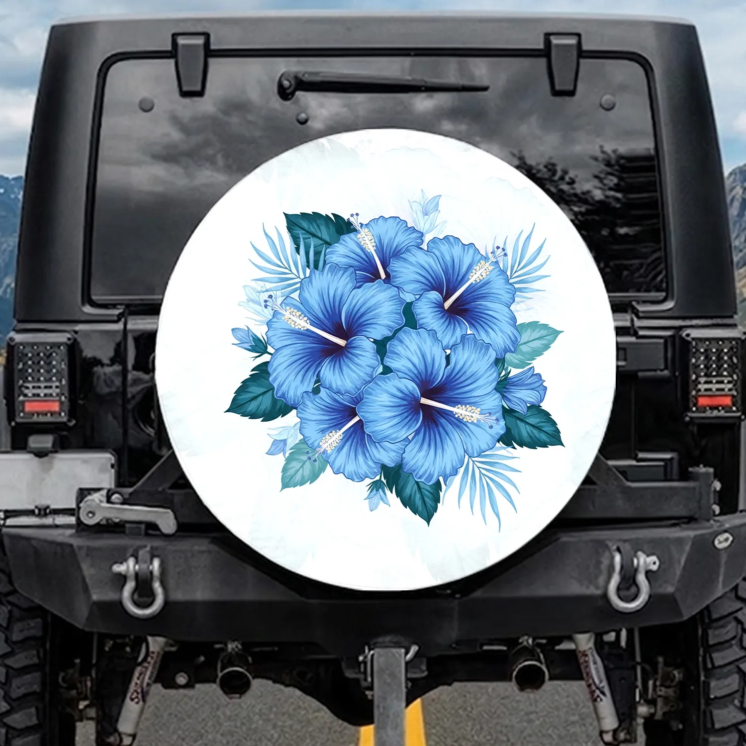 Lush Blue Hibiscus Flowers Botanical Leaves Tropical Foliage - Home Decor Gift Spare Tire Cover - 1