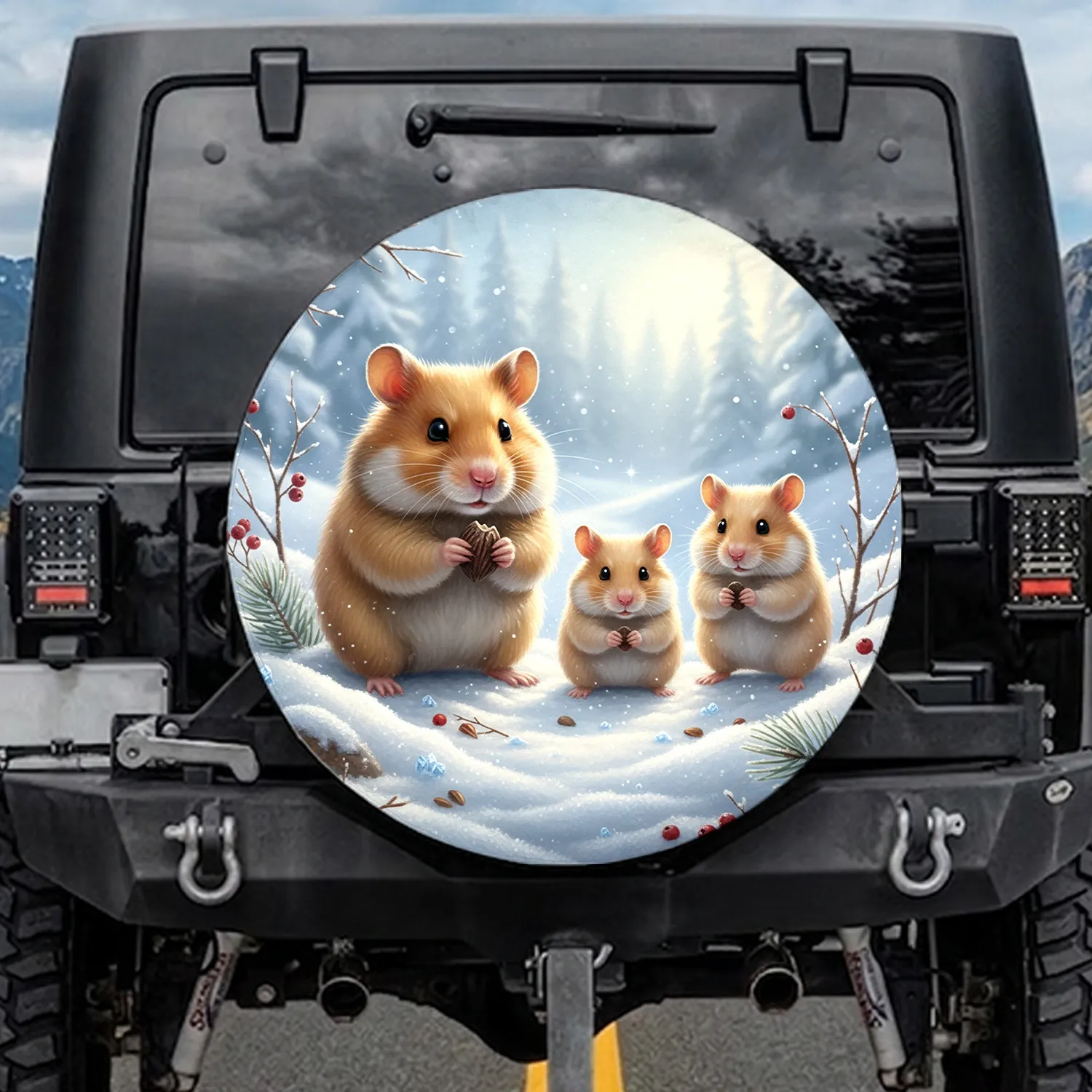Four Fluffy Hamsters Winter Snow Pine Branches - Wildlife Lover Gift Spare Tire Cover - 1