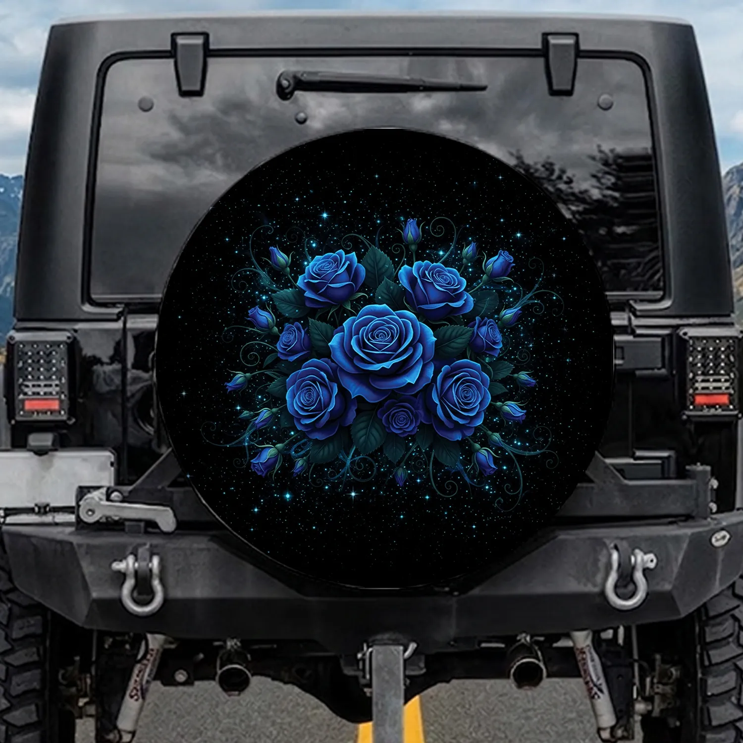 Luminous Royal Blue Roses Bouquet Dark Foliage Twinkling Stars Luxury Home Decor Gift Spare Tire Cover - 1