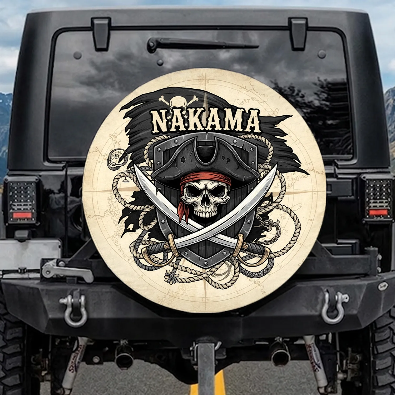 Weathered Pirate Skull Tricorne Hat Cutlass Shield NAKAMA Emblem - Pirate Lover Gift Spare Tire Cover - 1
