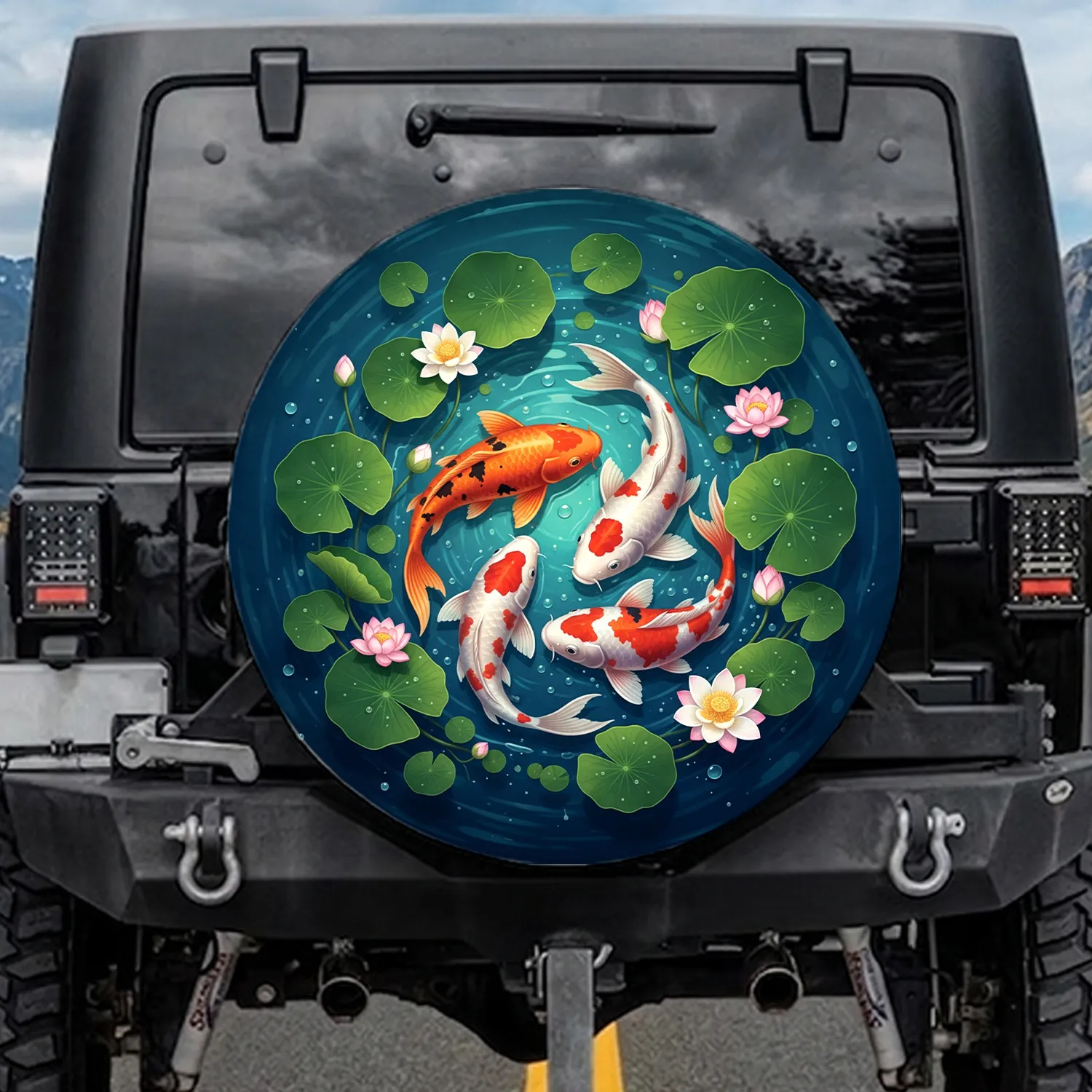 Aquatic Koi Fish Lotus Flowers Lily Pads Pond Water Surface - Wildlife Home Decor Gift Spare Tire Cover - 1