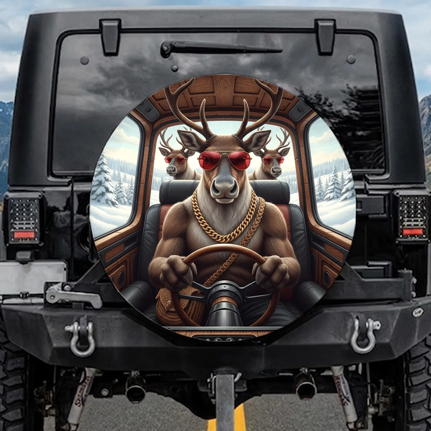 Reindeer Driver Aviator Sunglasses Winter Road Trip - Adventure Lover Gift Spare Tire Cover - 1