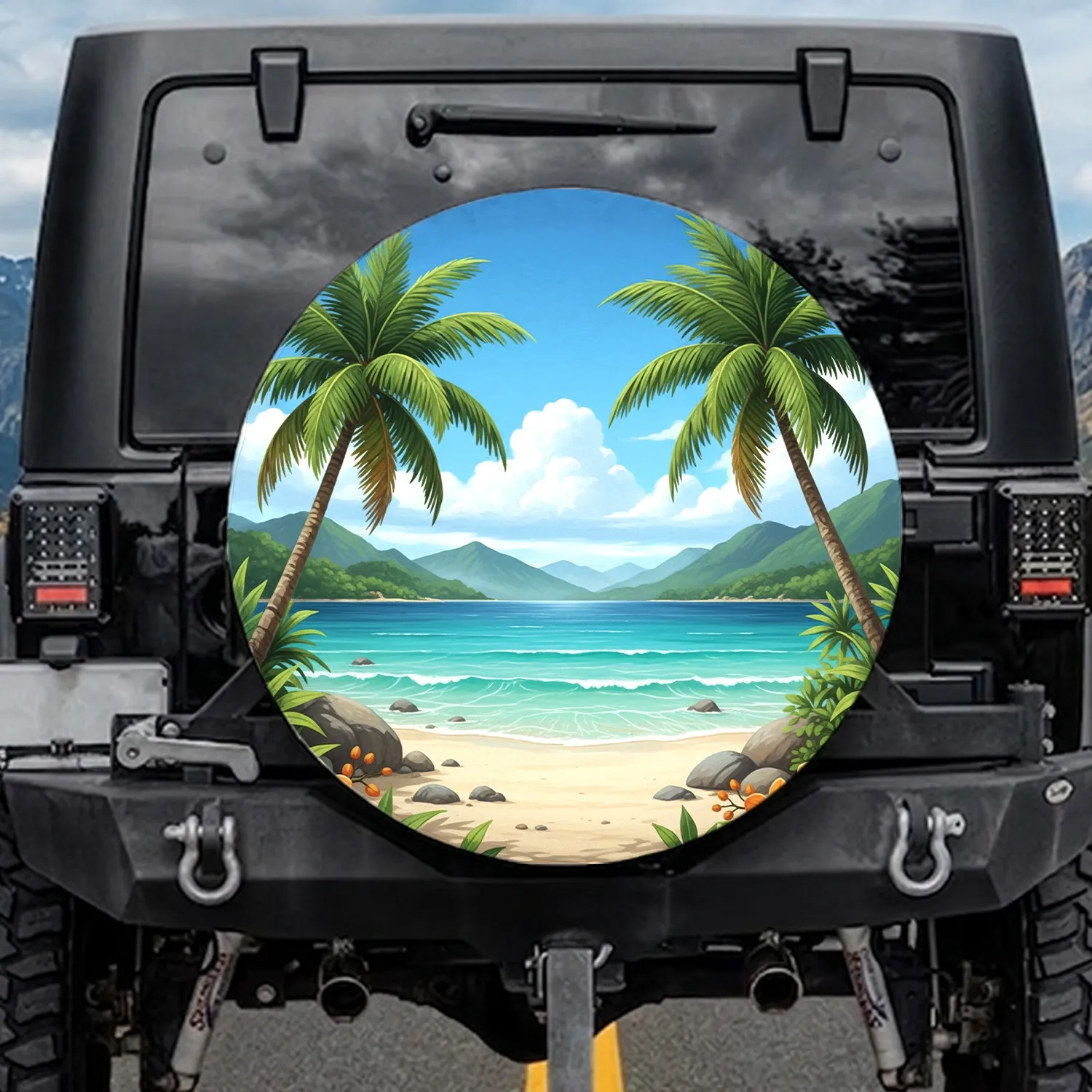 Tropical Beach Palm Trees Orange Orchids Sandy Shore Turquoise Ocean - Travel Essentials for Beach Lover Spare Tire Cover - 1