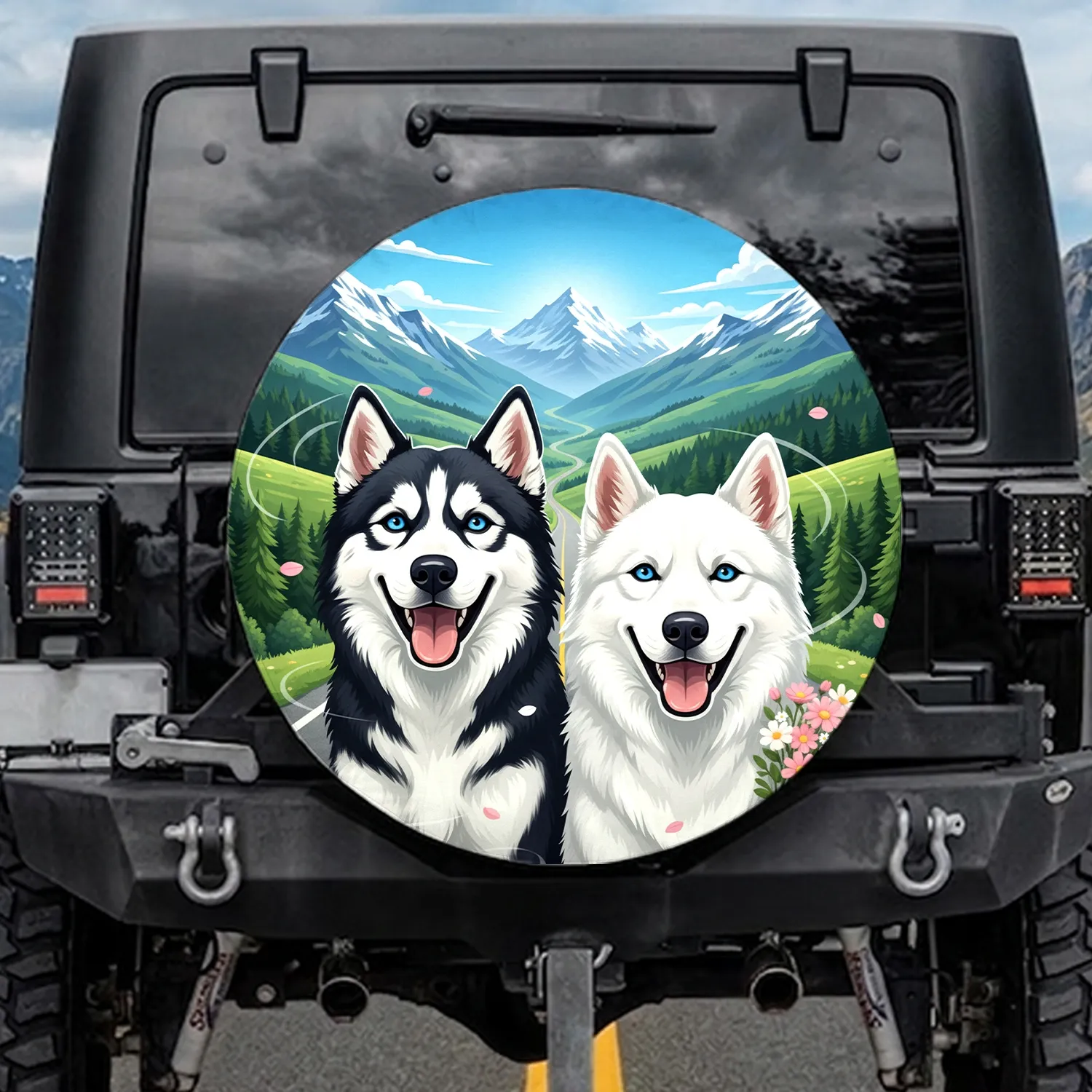 Blue Eyed Happy Husky Dogs Mountain Highway Wildflowers - Dog Lover Travel Essentials Gift Spare Tire Cover - 1