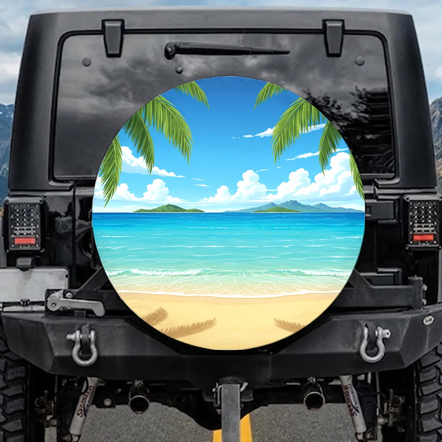 Clear Turquoise Ocean Golden Sand Beach Palm Fronds - Outdoor Lifestyle Gift Spare Tire Cover - 1
