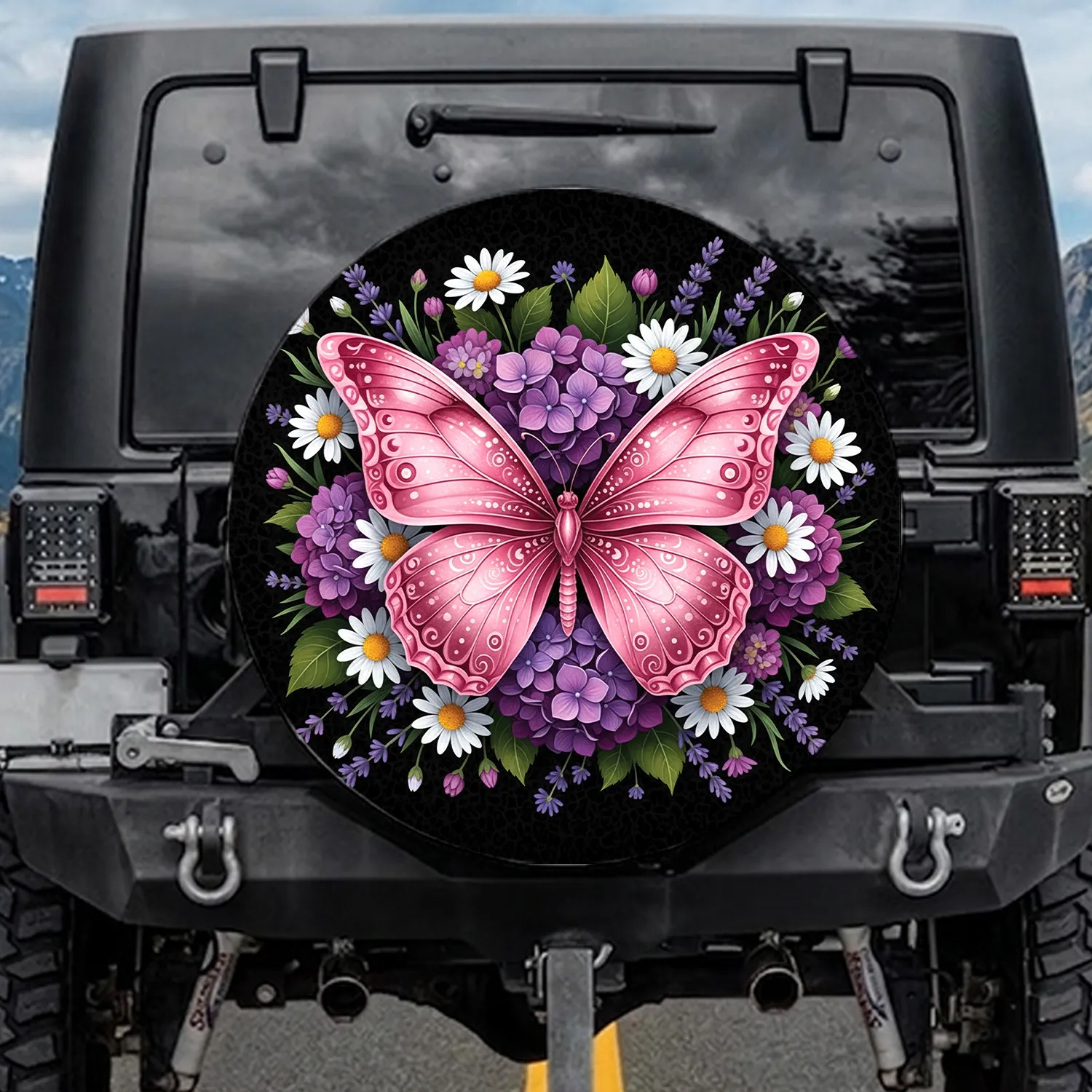 Pink Butterfly Lush Wildflower Garden Daisy Floral - Nature Lover Gift for Her Spare Tire Cover - 1