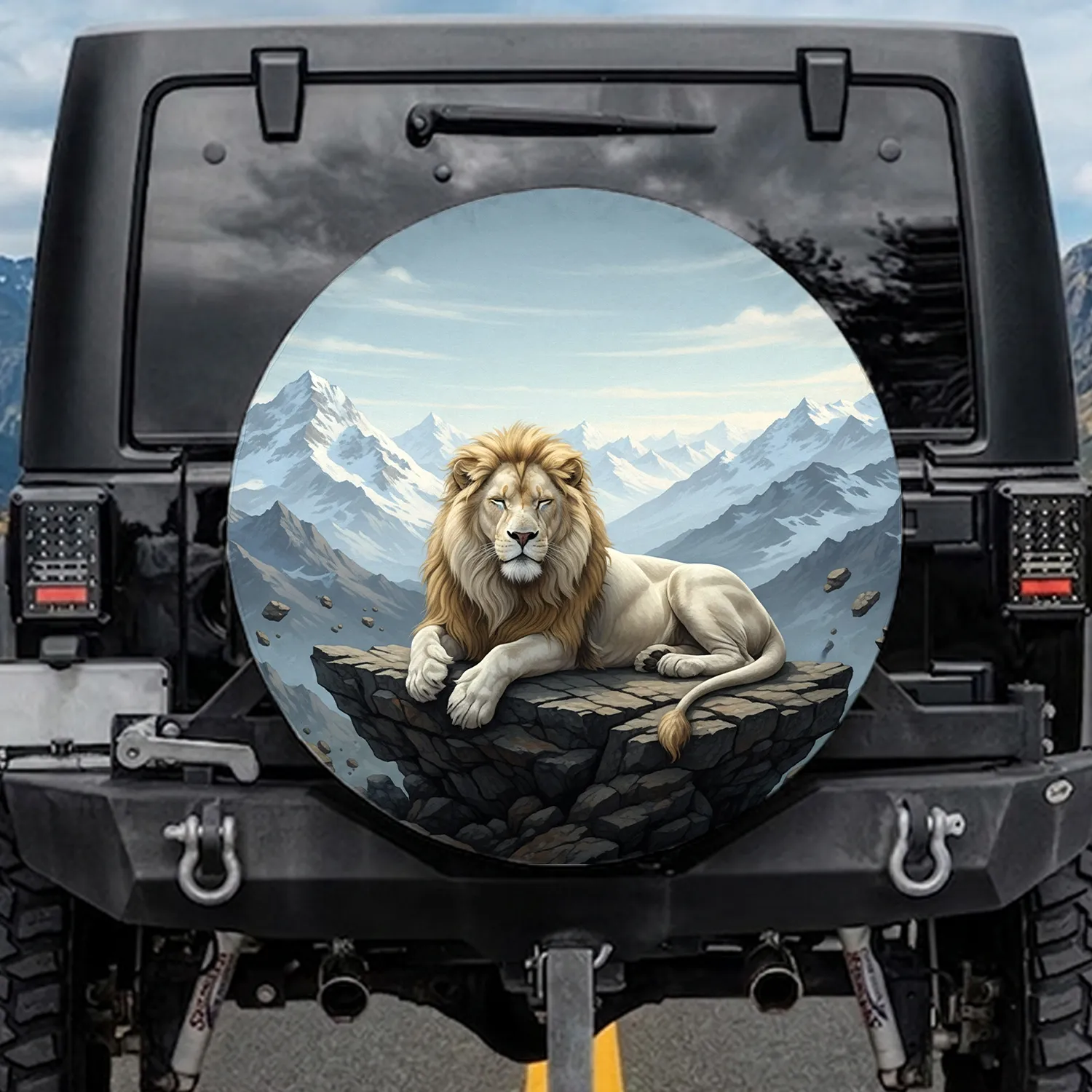 White Lion Golden Mane Rugged Rocks Snowy Mountain Vista - Nature Lover Gift Spare Tire Cover - 1
