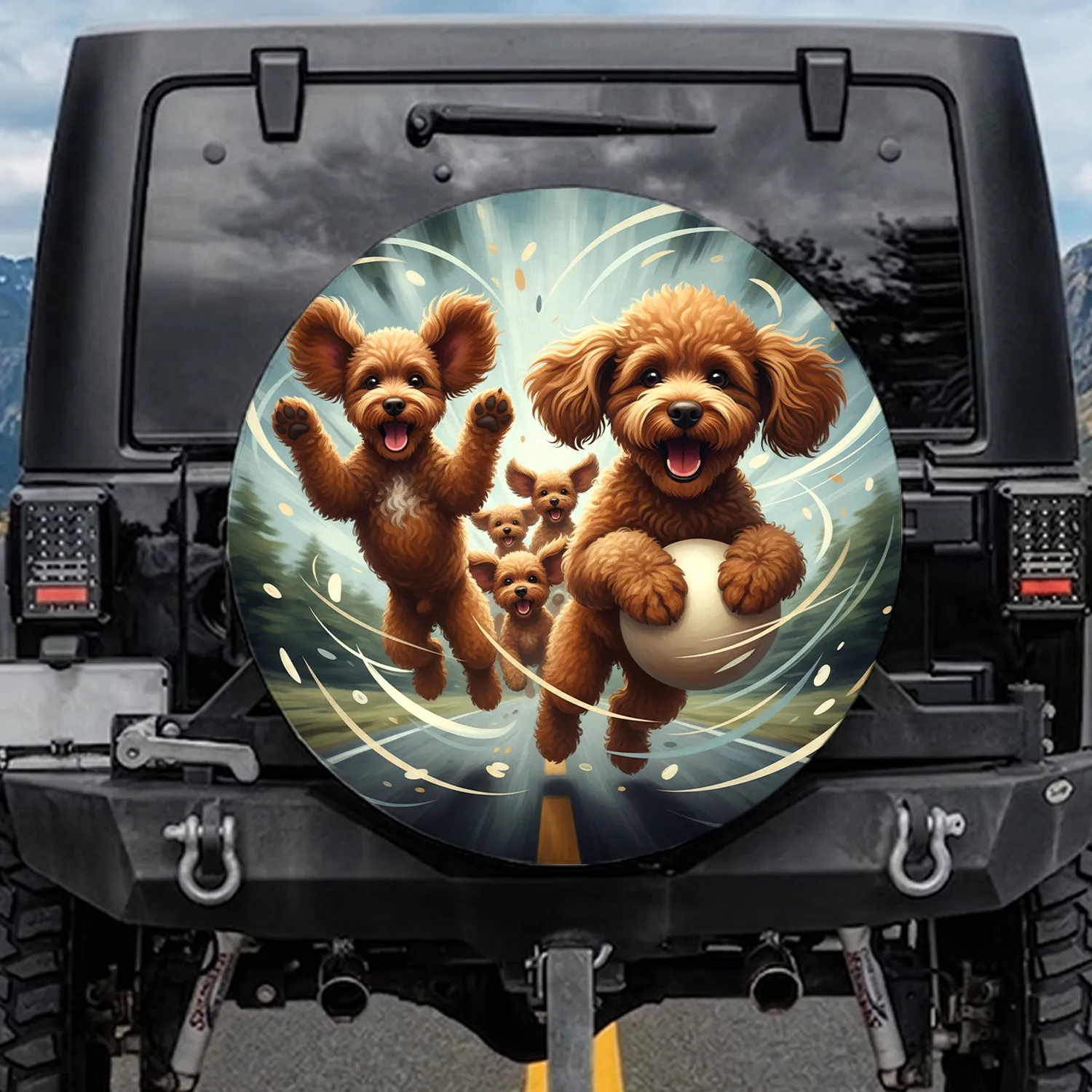 Smiling Grinning Brown Poodle Dogs Open Road Adventure - Adventure Lover Gift Spare Tire Cover - 1