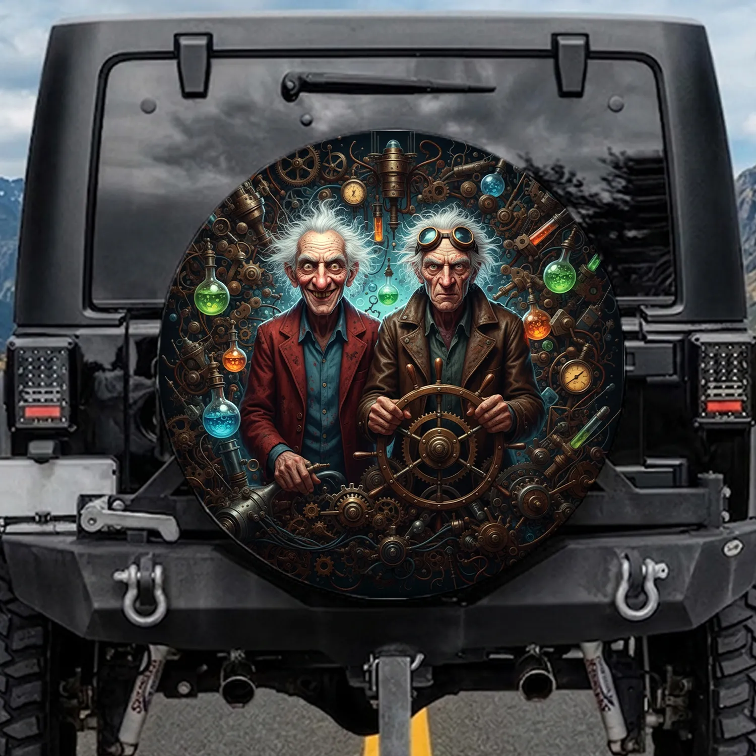 Grotesque Mad Scientist Figures Bizarre Scientific Machinery - Sci-Fi Lover Gift Spare Tire Cover - 1