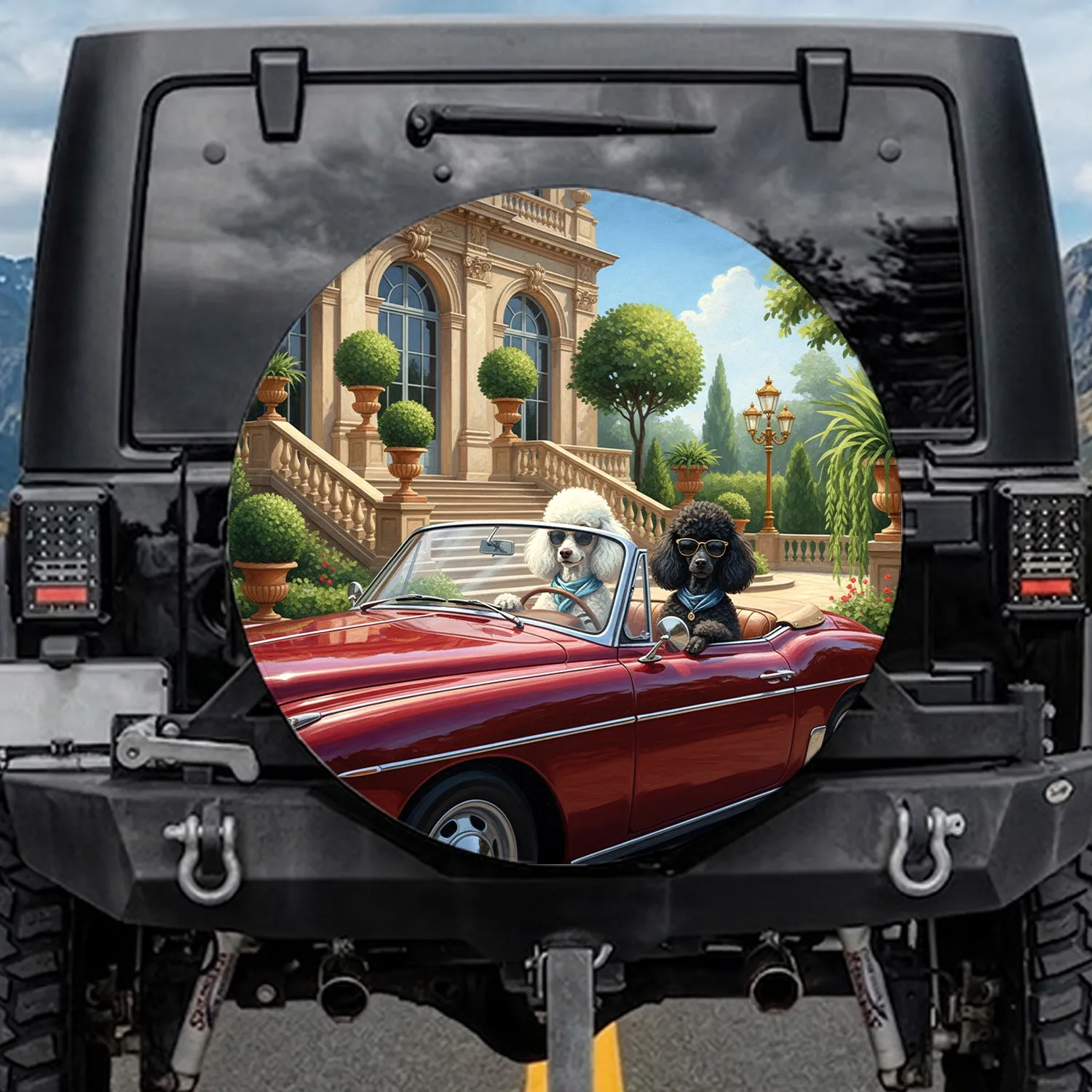 Poodles Red Convertible European Mansion - Luxury Car Enthusiast Gift for Poodle Lovers Spare Tire Cover - 1