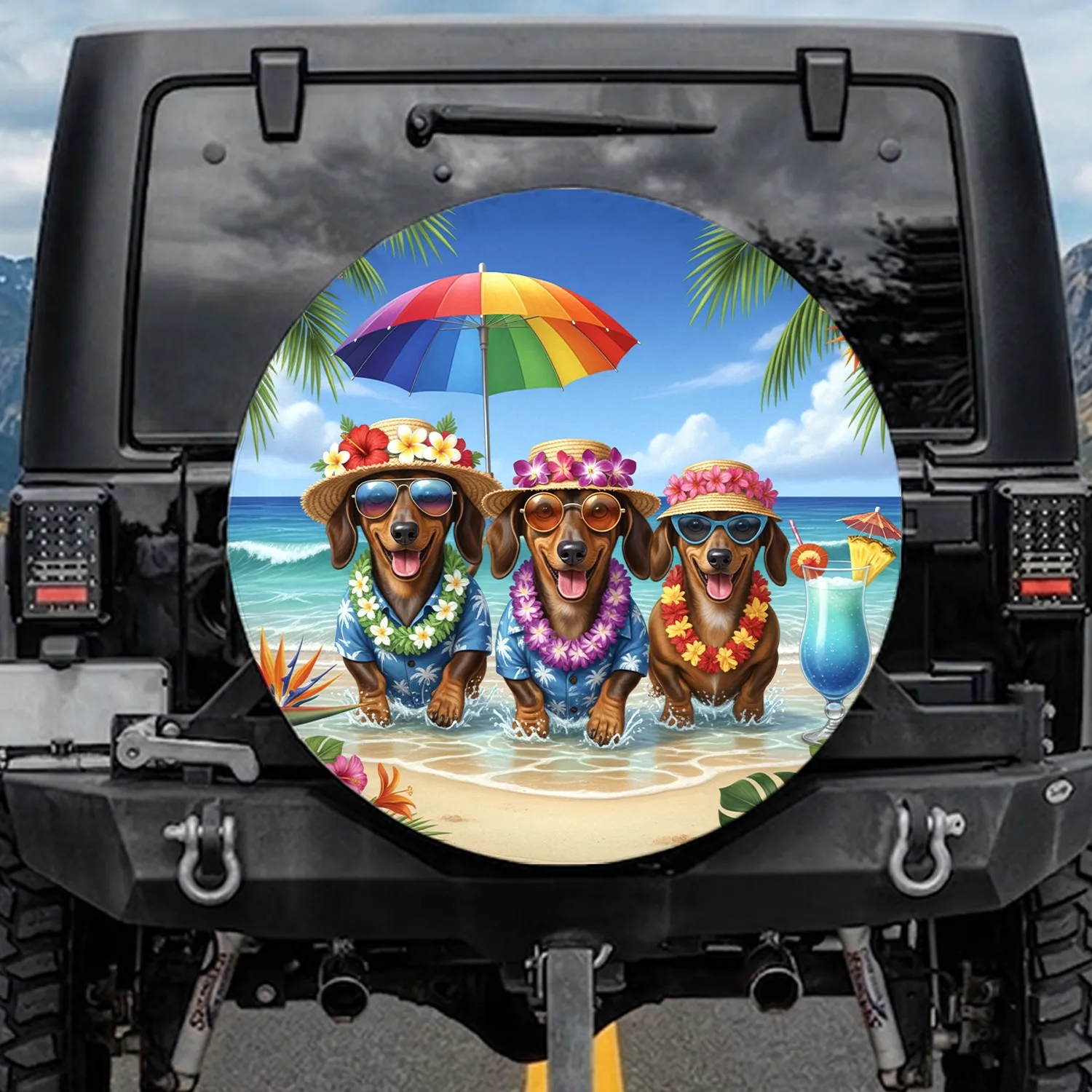 Dachshunds Hawaiian Tropical Beach Adventure - Summer Vacation Dog Lover Gift Spare Tire Cover - 1