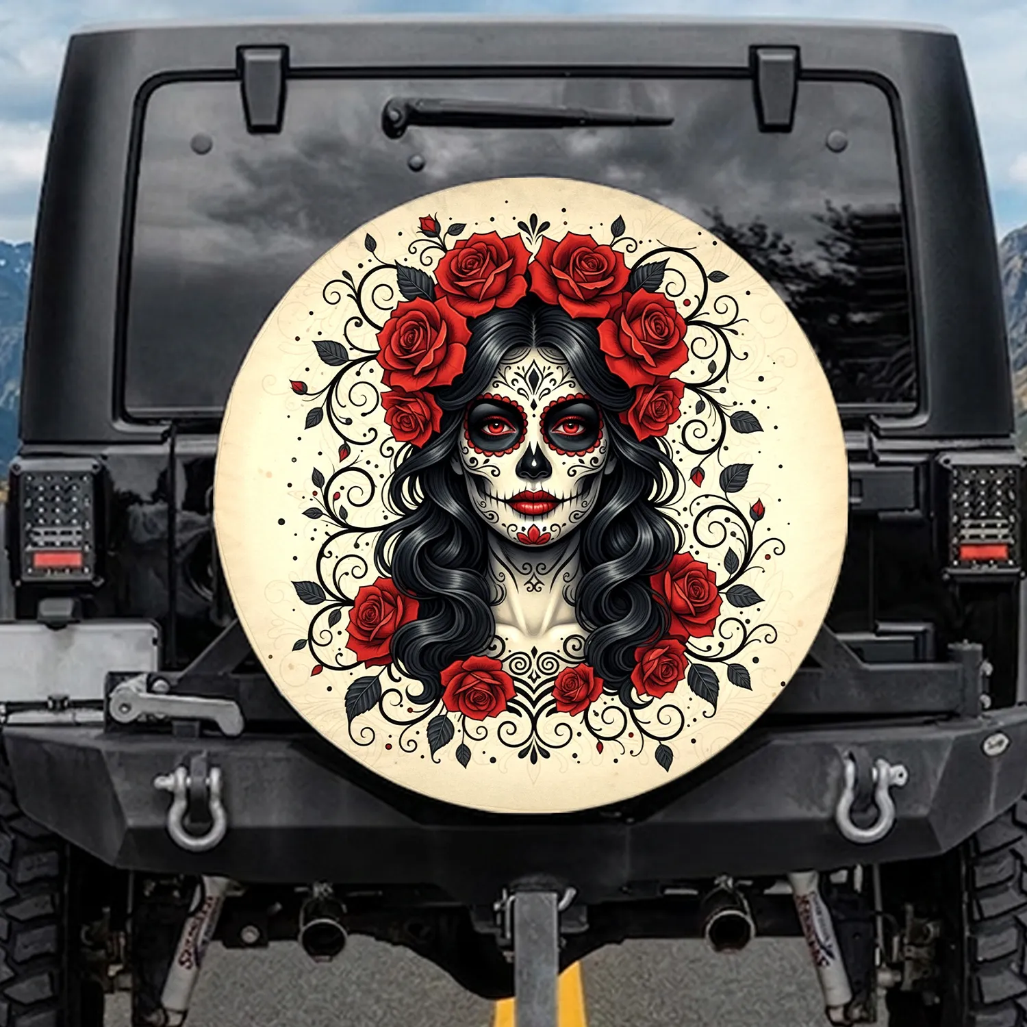 Day of the Dead Calavera Sugar Skull Female Red Rose - Dia de los Muertos Celebration Spare Tire Cover - 1