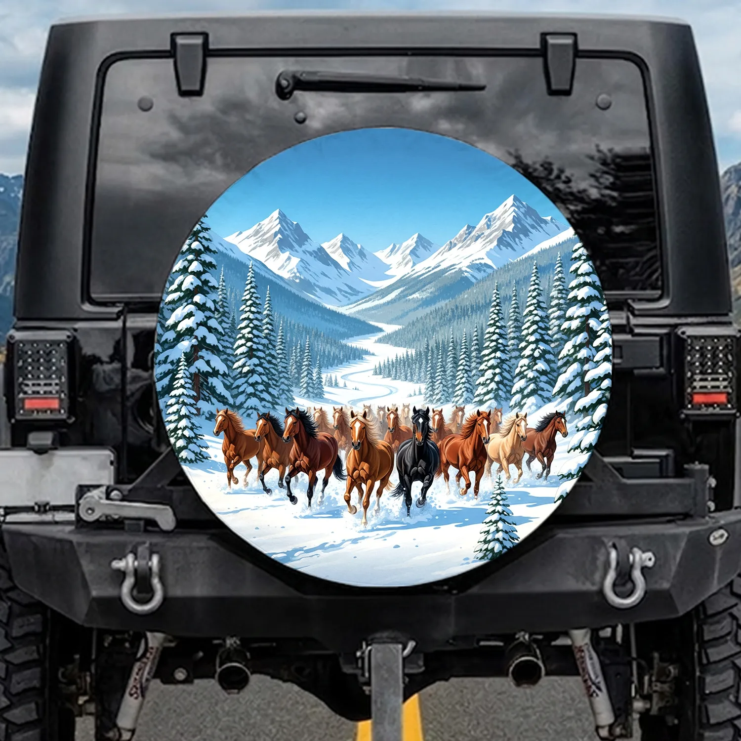 Wild Chestnut Palomino Horses Galloping Pristine Snow Mountains - Nature Explorer Gift Spare Tire Cover - 1