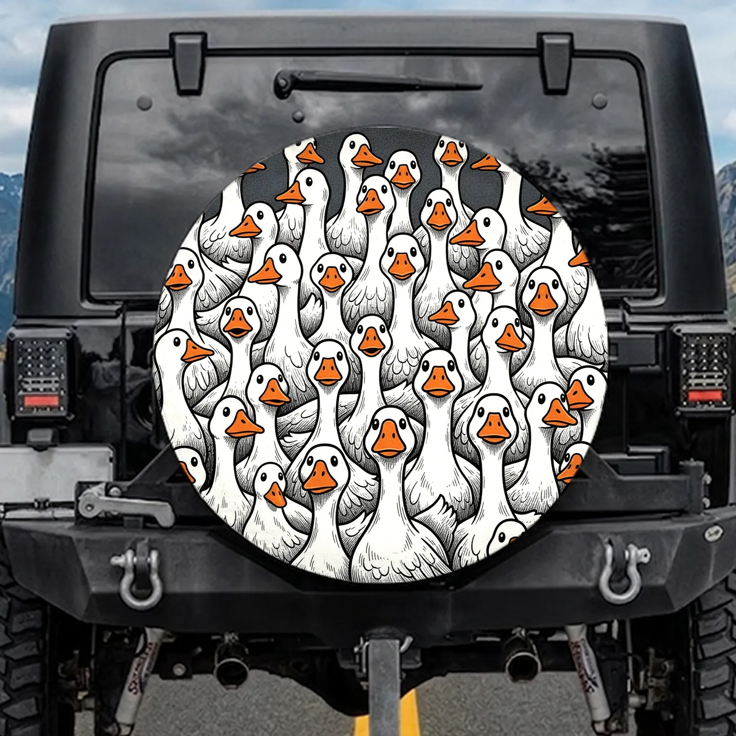 Cartoon White Geese Flock Bright Orange Beaks - Humorous Wildlife Enthusiast Travel Gift Spare Tire Cover - 1