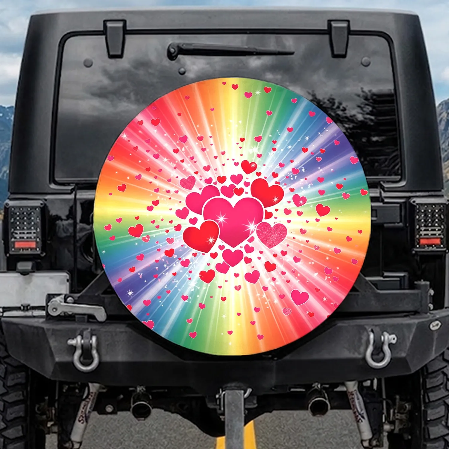 Fuchsia Pink Red Scattered Heart Starburst Rays Sparkles - Everyday Vehicle Accessory Spare Tire Cover - 1