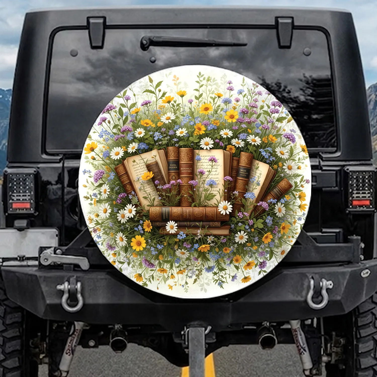Antique Books Daisy Coreopsis Verbena Wildflower Meadow - Wildlife Lover Gift Spare Tire Cover - 1