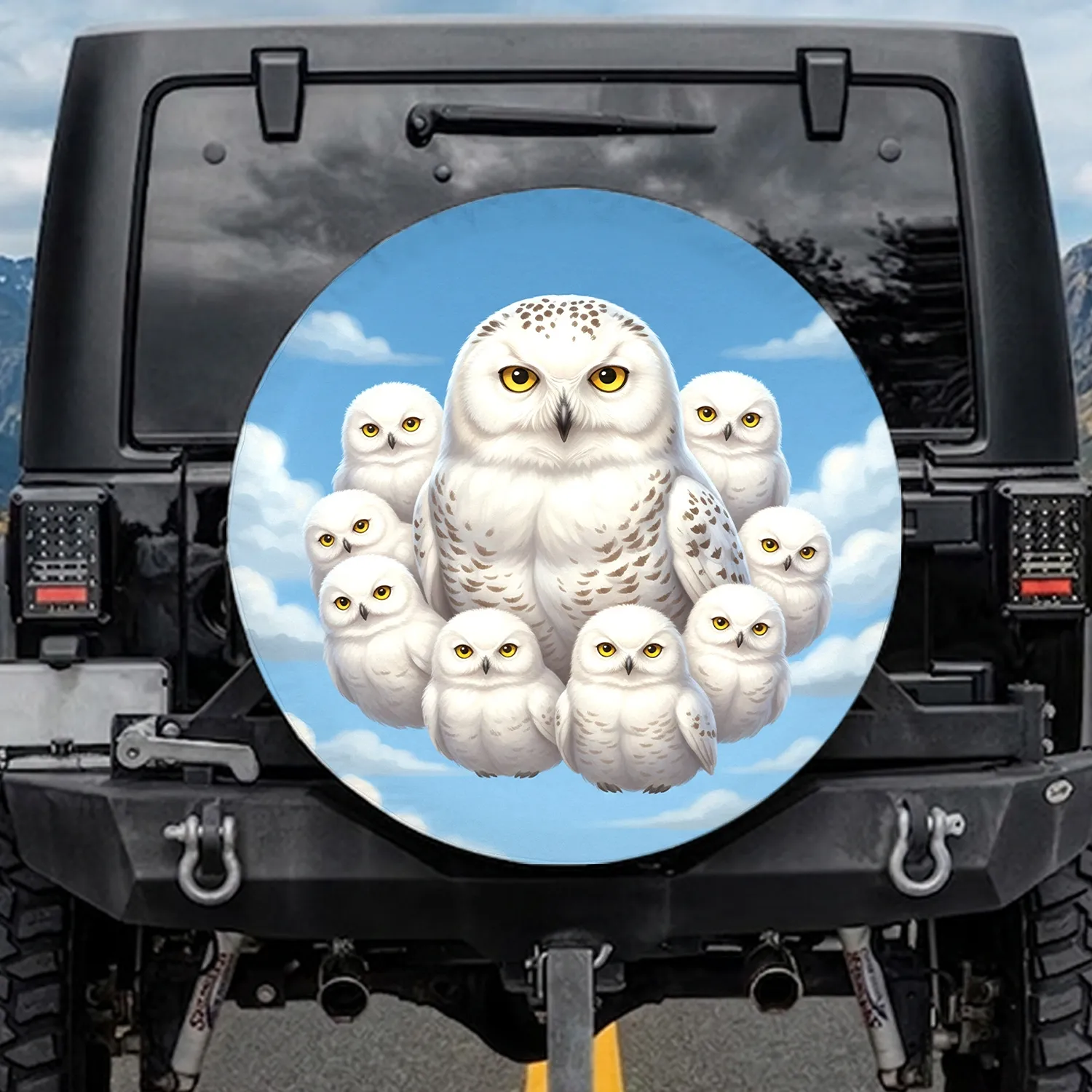 Majestic Snowy Owl Family Chicks Blue Sky Cumulus Clouds - Wildlife Lover Gift for Owl Lovers Spare Tire Cover - 1