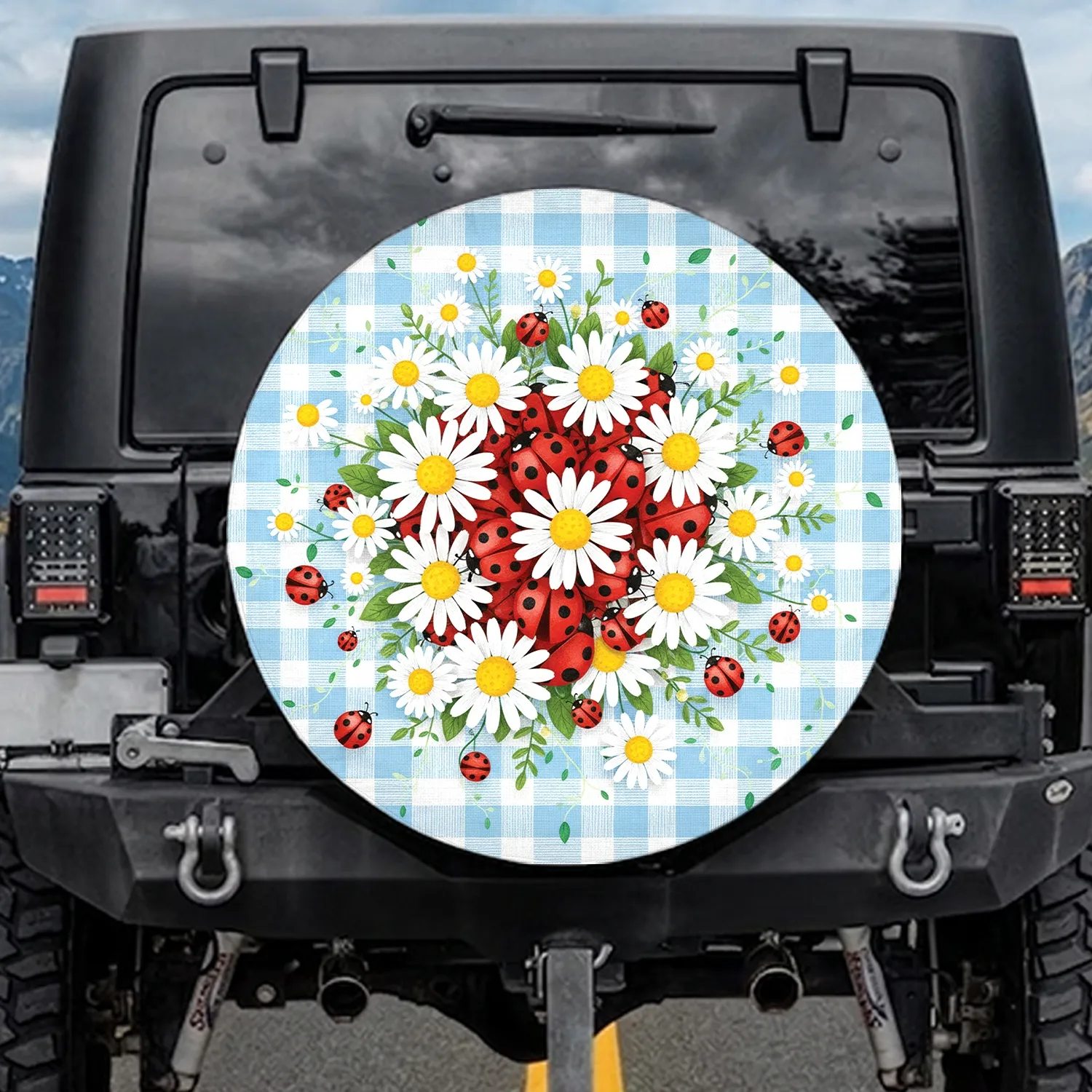 Ladybug Daisy Green Leaf Garden Scene - Spring Home Decor Gift for Nature Lovers Spare Tire Cover - 1
