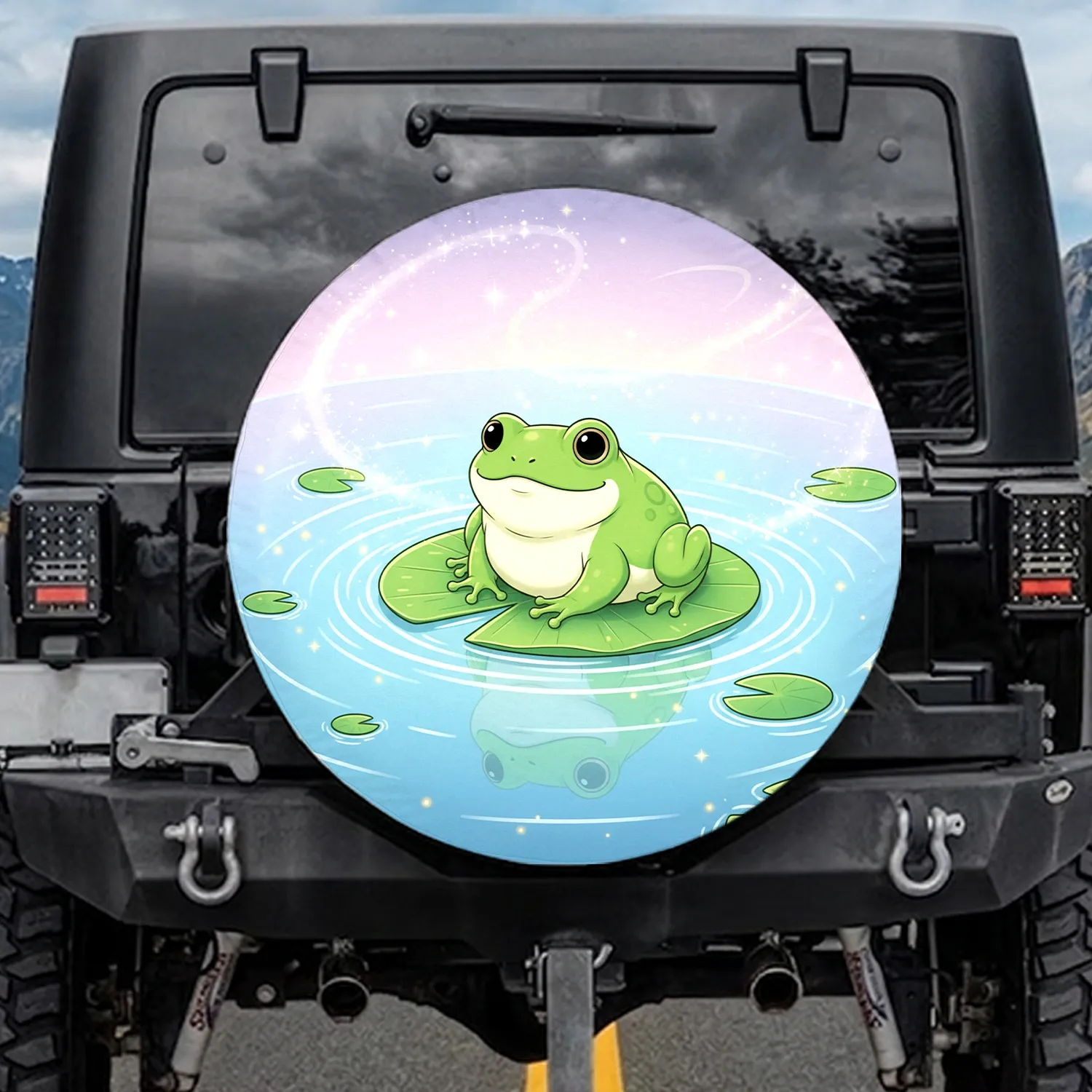 Bright Green Frog Lily Pad Glowing Specks Pond Water Ripples Twinkling Sky - Wildlife Lover Gift Spare Tire Cover - 1