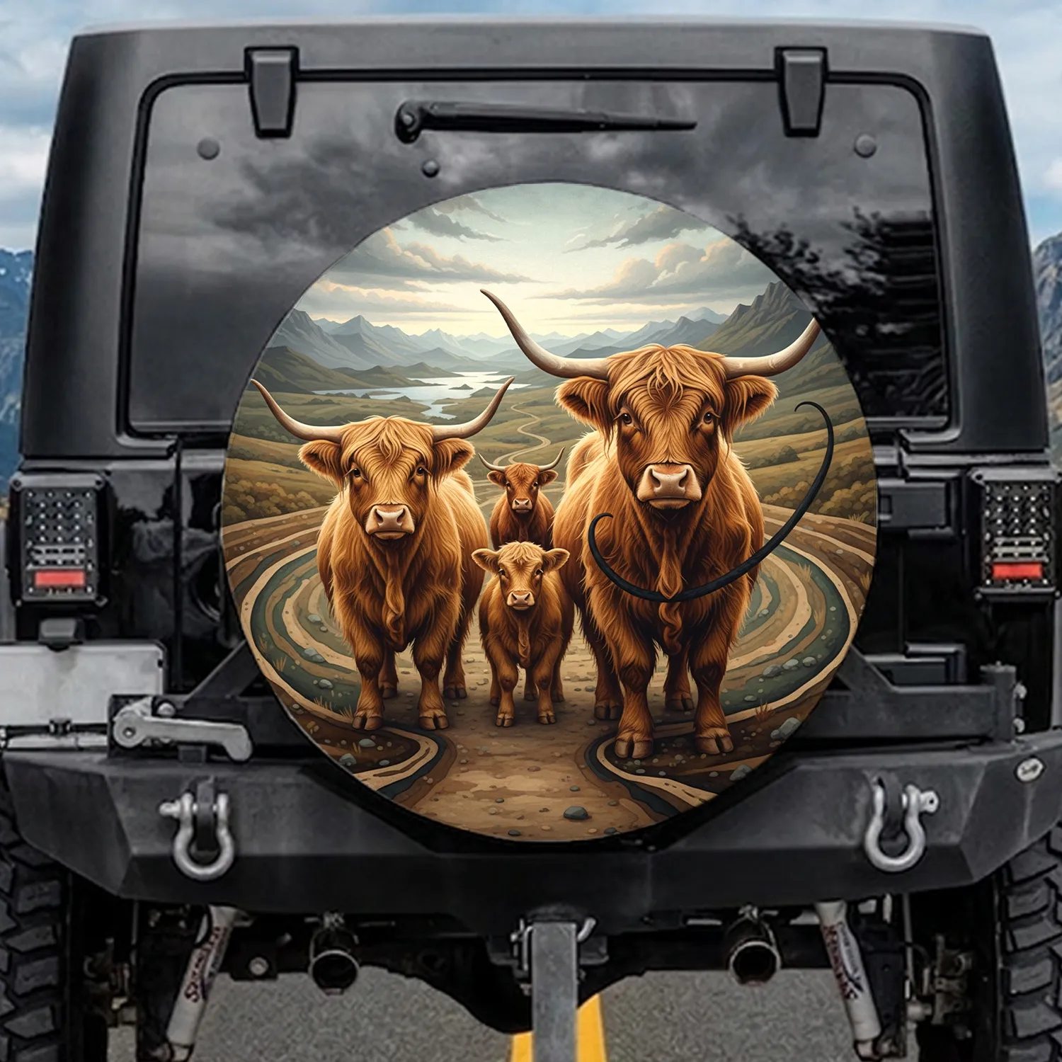 Highland Cow Family Scottish Landscape - Farmhouse Decor Gift for Cow Lover Spare Tire Cover - 1