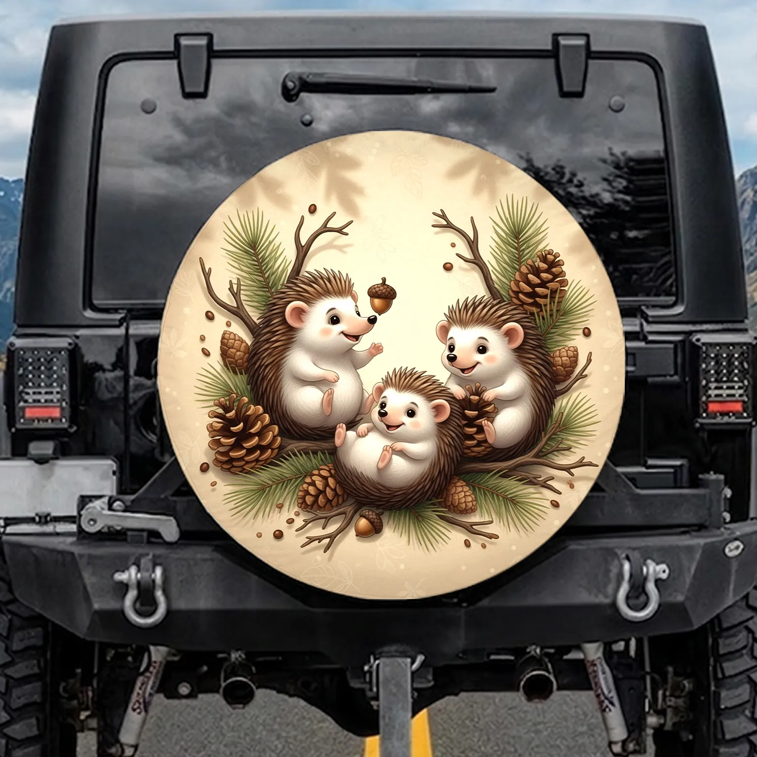Earthy Woodland Hedgehogs Pinecones Twigs - Wildlife Lover Gift Spare Tire Cover - 1