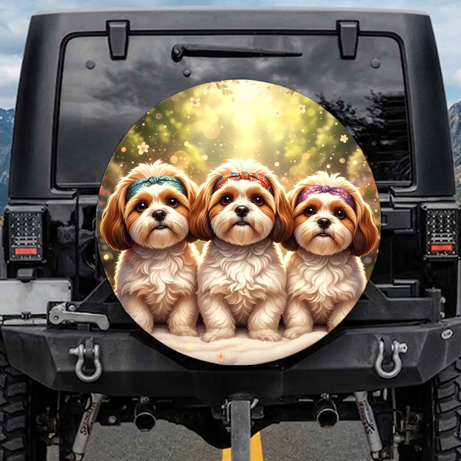 Three Shih Tzu Dogs Floral Bokeh Shimmer Headband Sunlit Foliage - Dog Lover Gift Spare Tire Cover - 1