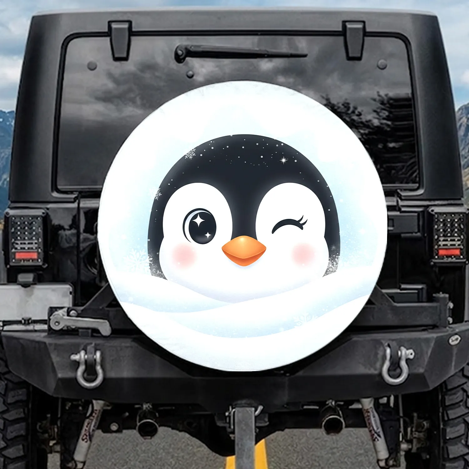 Penguin Face Winking Orange Beak Blush Snowflakes Icy Frosty - Penguin Lover Gift Spare Tire Cover - 1