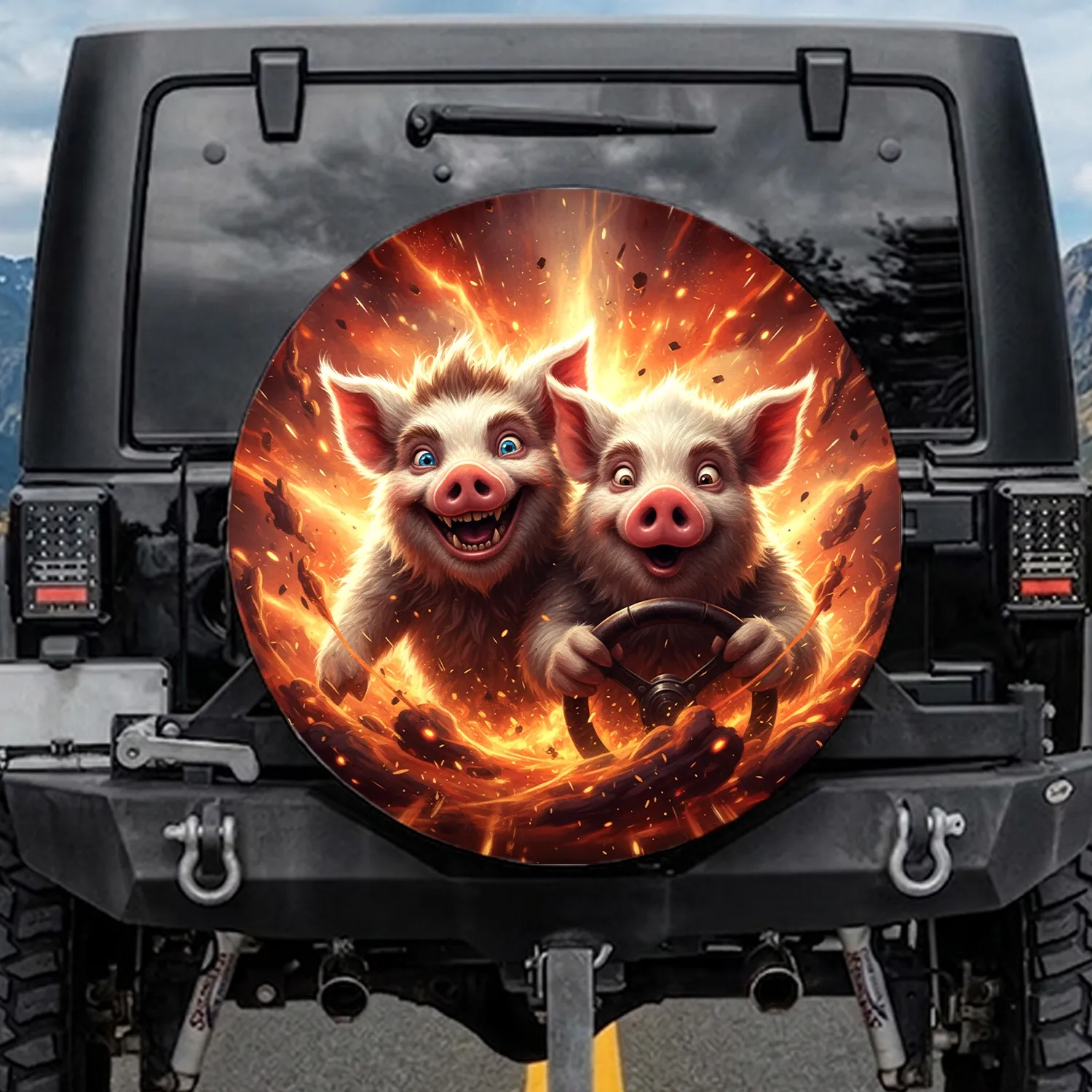 Wild Furry Pigs Fiery Cosmic Energy - Adventure Seeker Gift Spare Tire Cover - 1