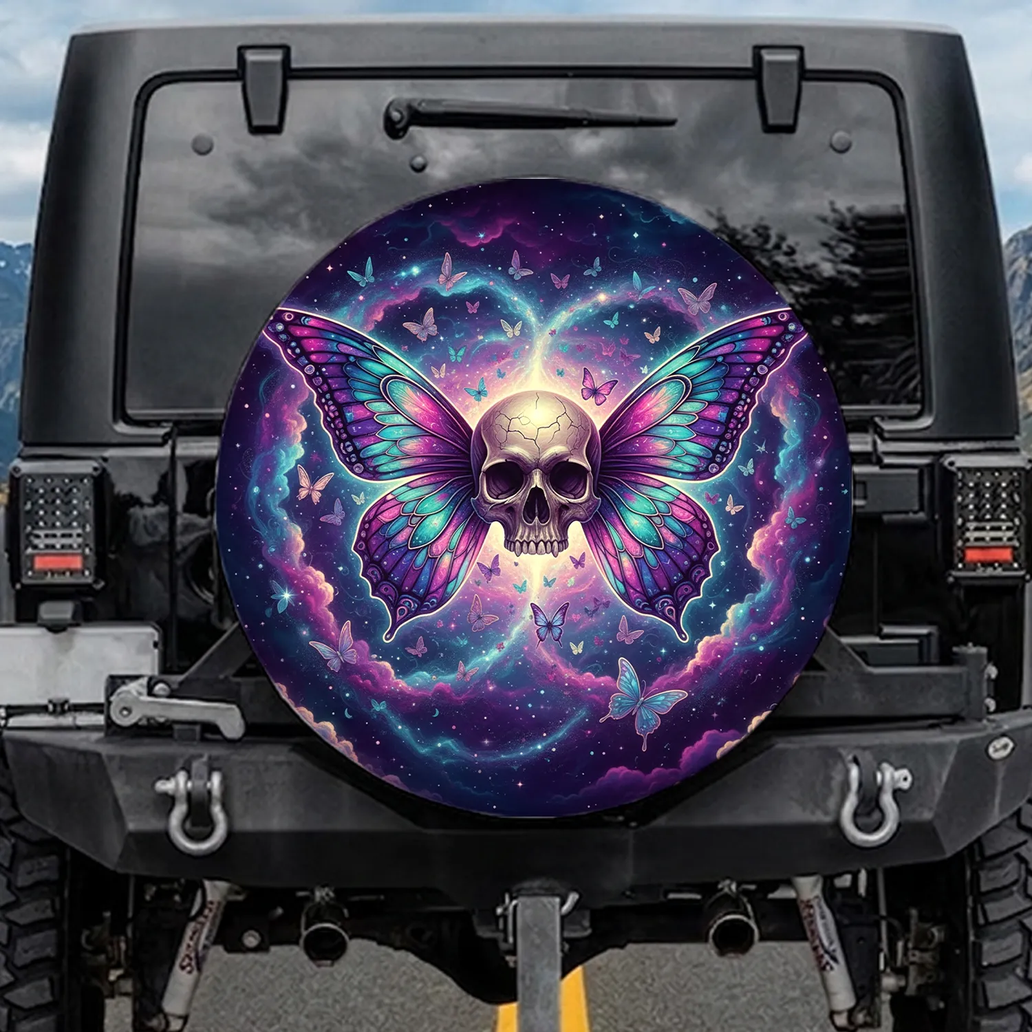 Majestic Skull Glowing Butterfly Wings Spectral Butterflies Cosmic Nebula - Fantasy Lover Gift Spare Tire Cover - 1