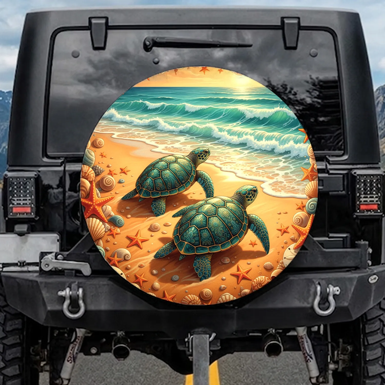 Green Sea Turtles Seashells Starfish - Coastal Beach Ocean Life Decor Spare Tire Cover - 1