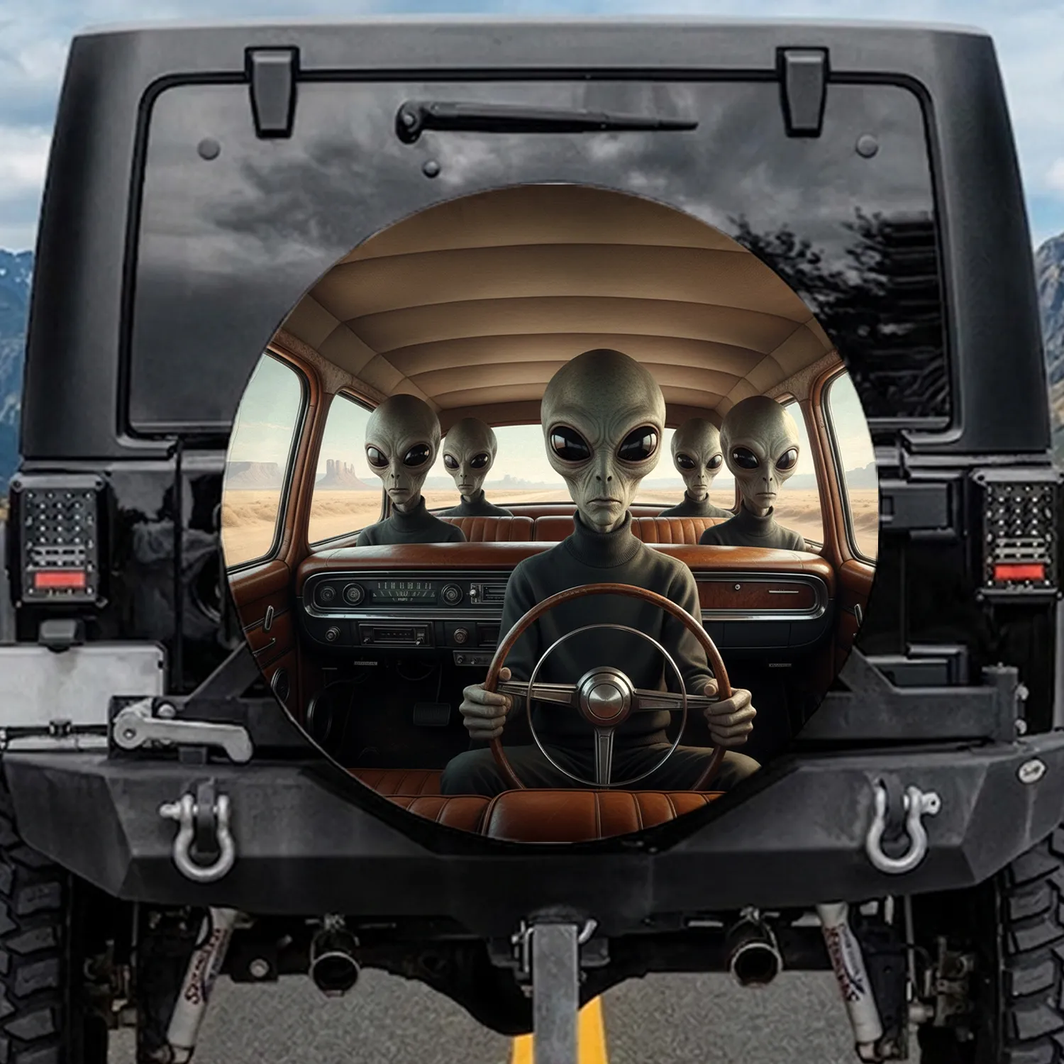 Five Realistic Grey Aliens in Vintage American Car Desert Landscape - Sci-Fi Fan Gift Spare Tire Cover - 1