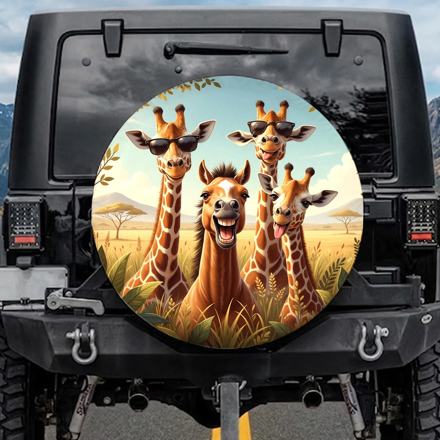 Giraffe Sunglasses Horse Tongue Savanna Foliage Tall Grass Wildlife Lover Gift Spare Tire Cover - 1
