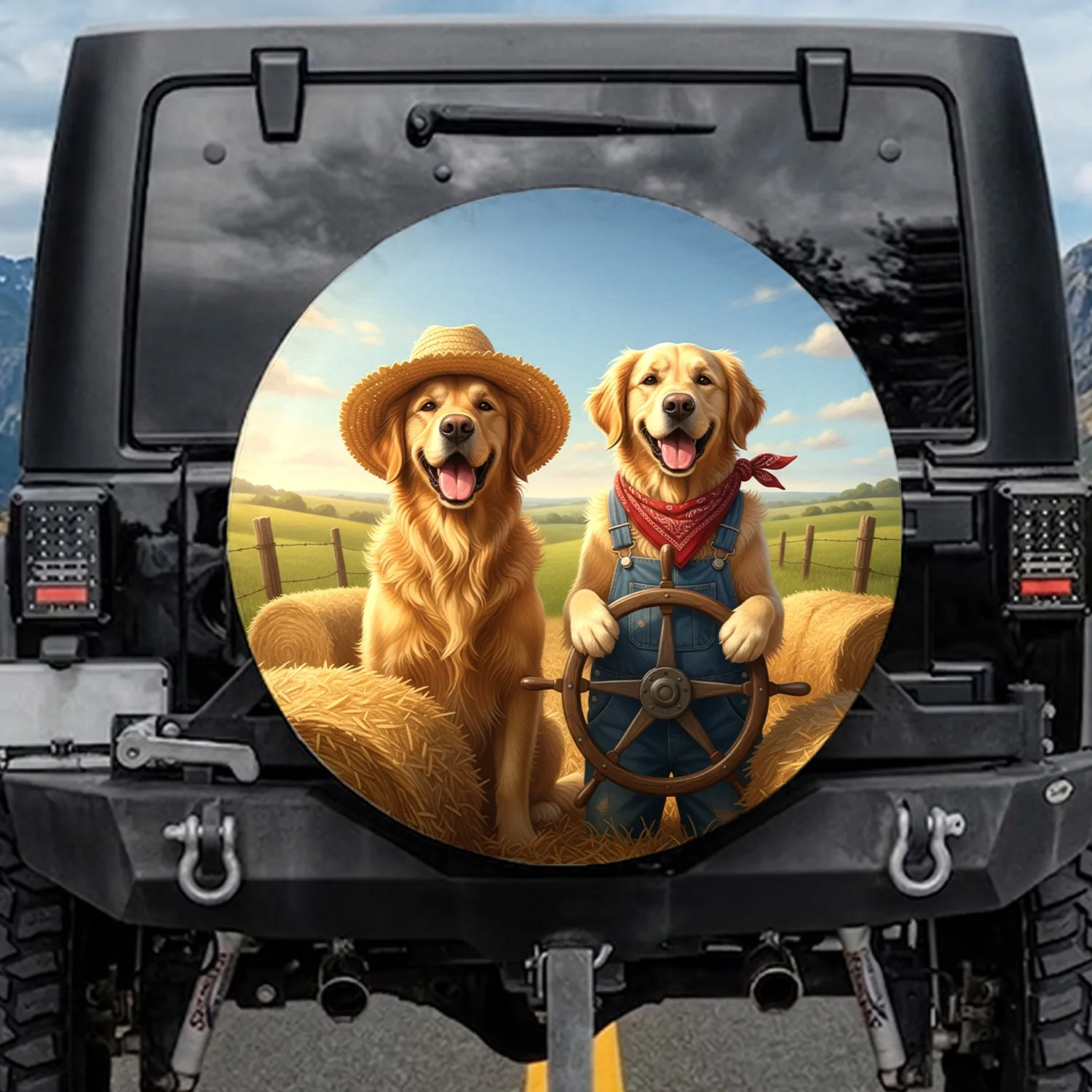 Golden Retriever Dogs Straw Hat Overalls Steering Wheel - Country Farmhouse Dog Lover Gift Spare Tire Cover - 1