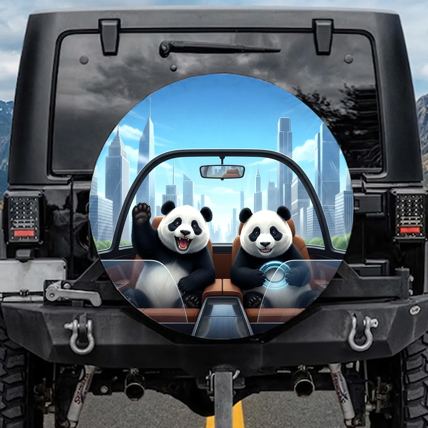 Pandas Driving Urban Cityscape - Wildlife Lover Car Accessory Gift for Panda Fans Spare Tire Cover - 1