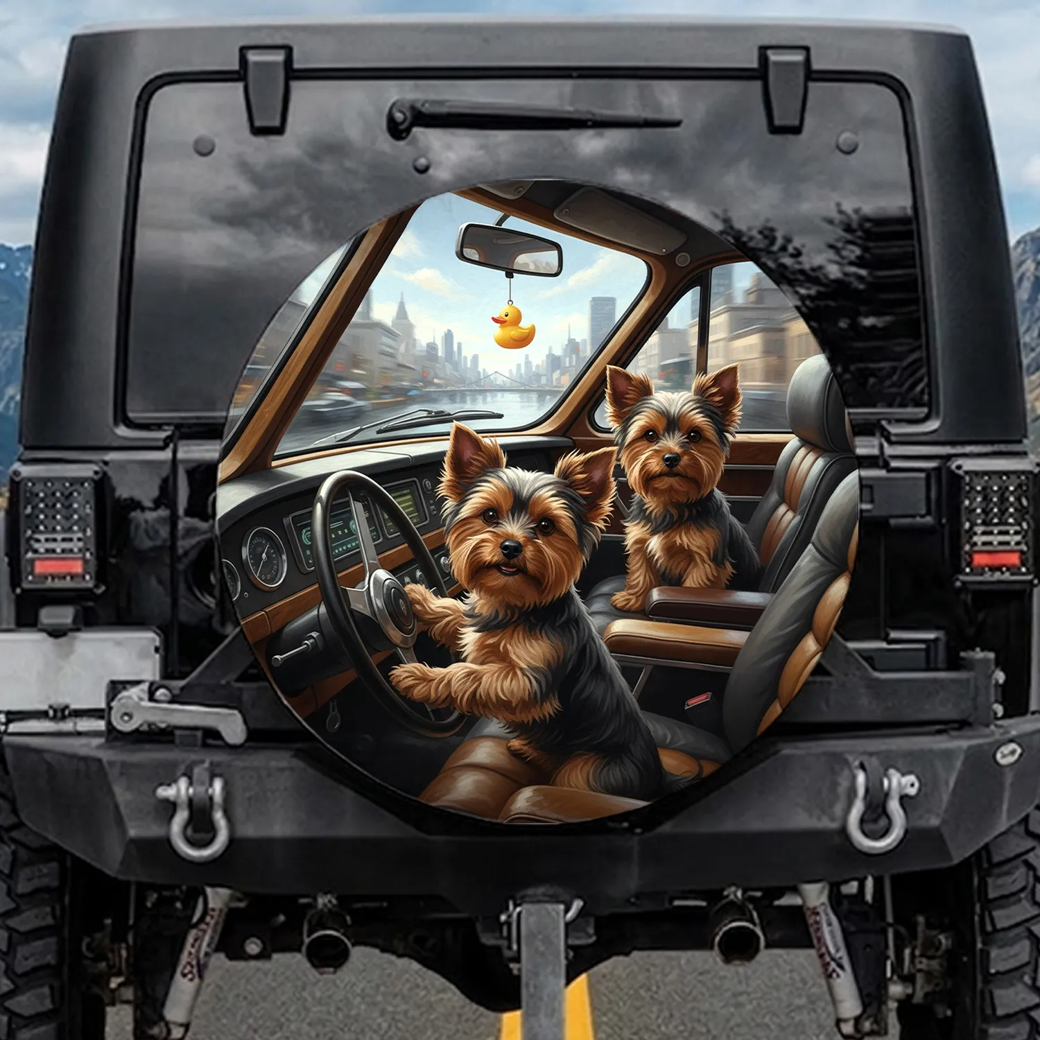 Yorkshire Terriers Driving Urban Interior - Dog Lover Vehicle Decor Gift Spare Tire Cover - 1