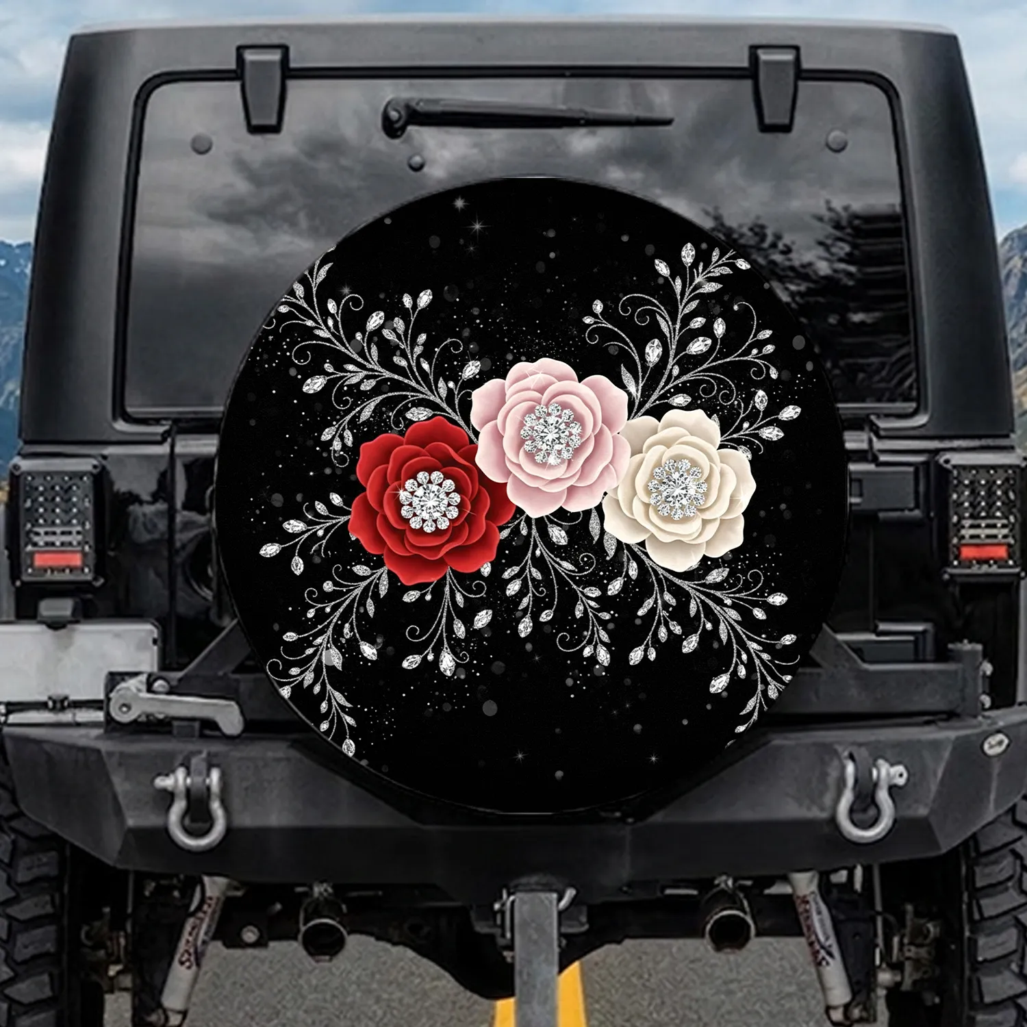 Faceted Diamond Crystal Gems Flowers Foliage - Travel Essentials Gift Spare Tire Cover - 1